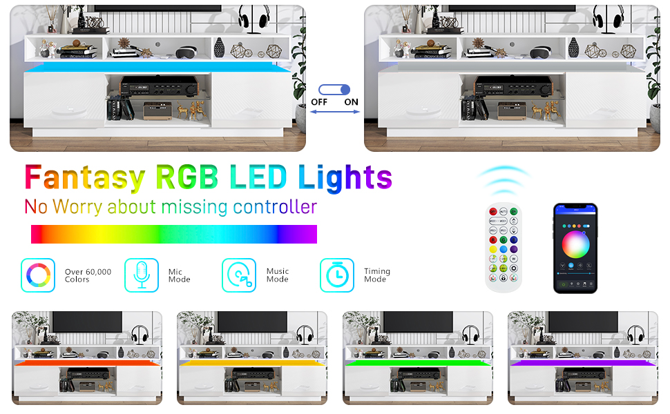 ChVans LED TV Stand for up to 80" TVs with Power Outlet, Modern Tall Entertainment Center with Storage, High Gloss Gaming TV Media Console with 2 Storage Cabinets for Living Room, Bed Room