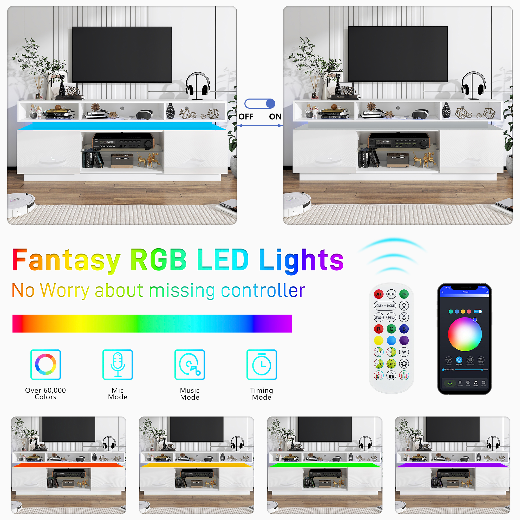 ChVans LED TV Stand for up to 80" TVs with Power Outlet, Modern Tall Entertainment Center with Storage, High Gloss Gaming TV Media Console with 2 Storage Cabinets for Living Room, Bed Room