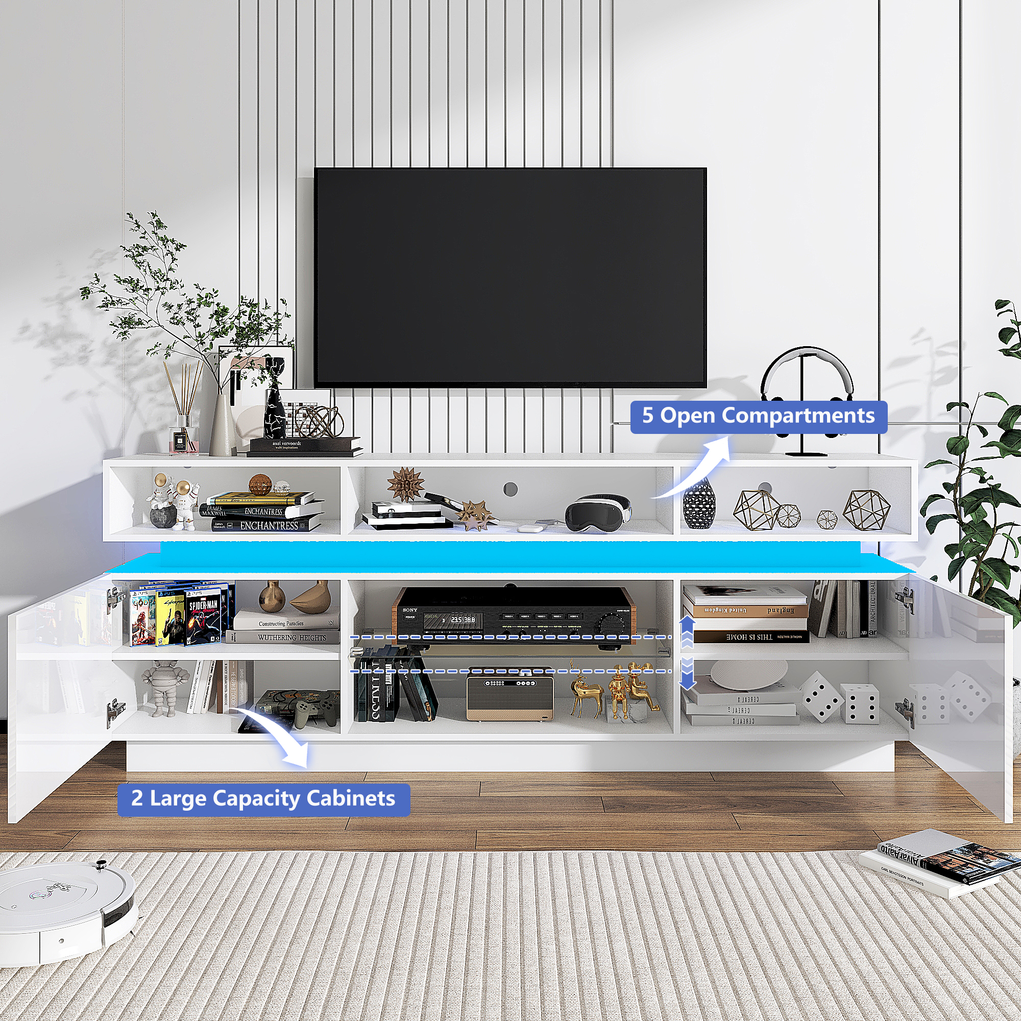 ChVans LED TV Stand for up to 80" TVs with Power Outlet, Modern Tall Entertainment Center with Storage, High Gloss Gaming TV Media Console with 2 Storage Cabinets for Living Room, Bed Room