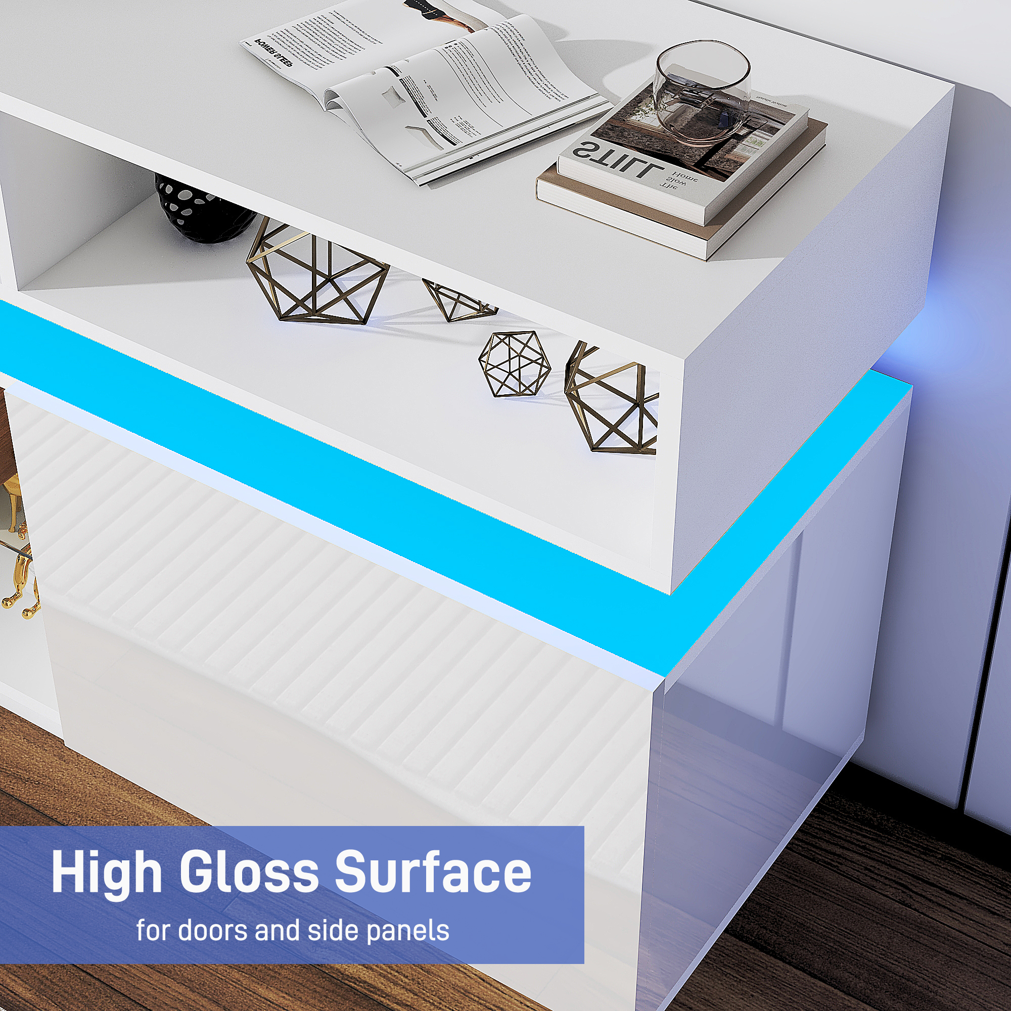 ChVans LED TV Stand for up to 80" TVs with Power Outlet, Modern Tall Entertainment Center with Storage, High Gloss Gaming TV Media Console with 2 Storage Cabinets for Living Room, Bed Room