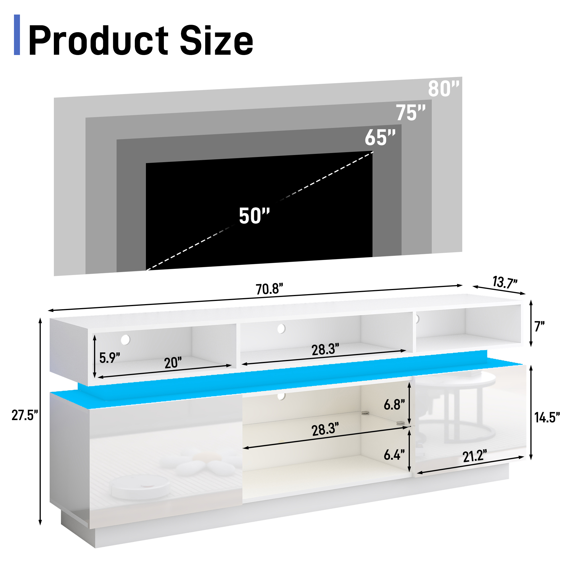 ChVans LED TV Stand for up to 80" TVs with Power Outlet, Modern Tall Entertainment Center with Storage, High Gloss Gaming TV Media Console with 2 Storage Cabinets for Living Room, Bed Room