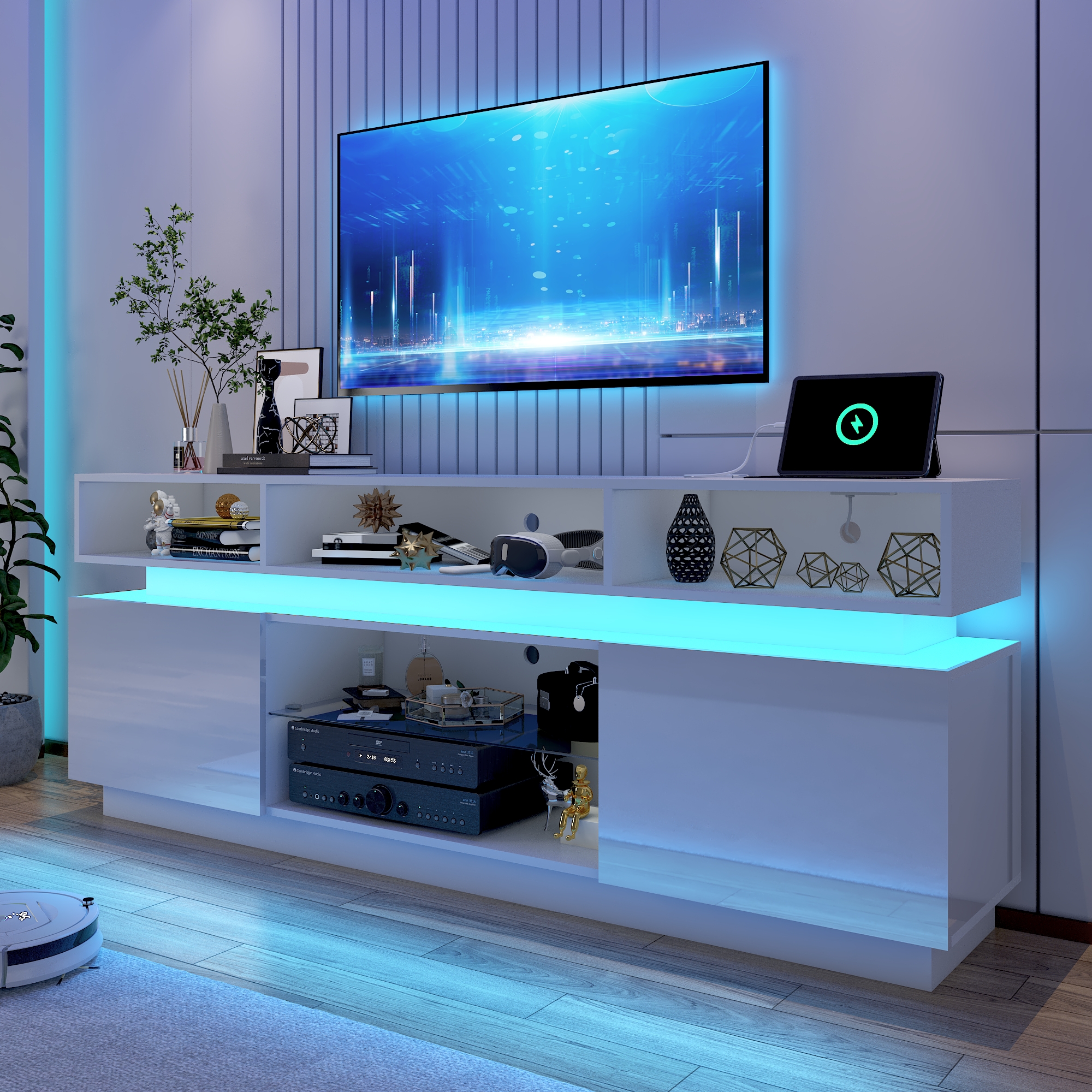 ChVans LED TV Stand for up to 80" TVs with Power Outlet, Modern Tall Entertainment Center with Storage, High Gloss Gaming TV Media Console with 2 Storage Cabinets for Living Room, Bed Room