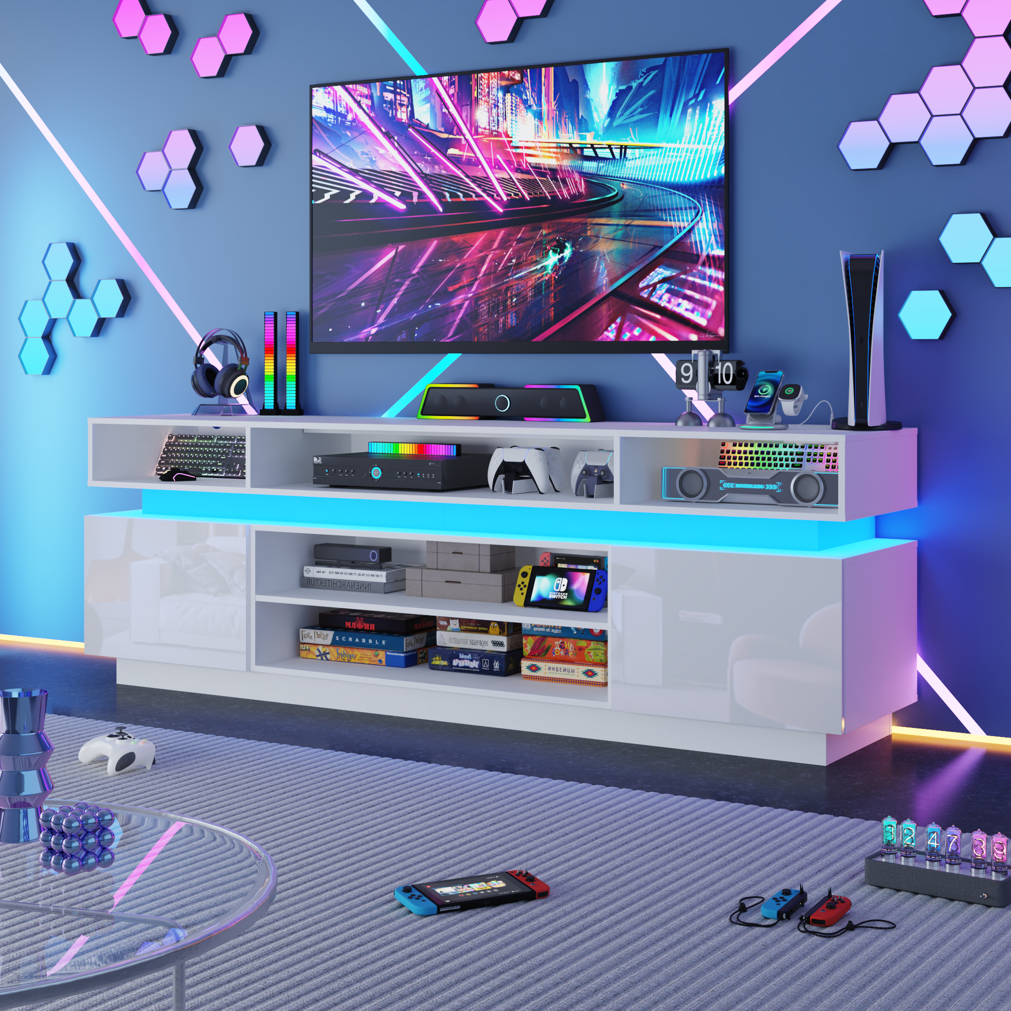 ChVans 82.7" LED TV Stand for up to 95" TVs with Power Outlet, Modern Tall Entertainment Center with Storage, High Gloss Gaming TV Media Console with 2 Storage Cabinets for Living Room, Bed Room