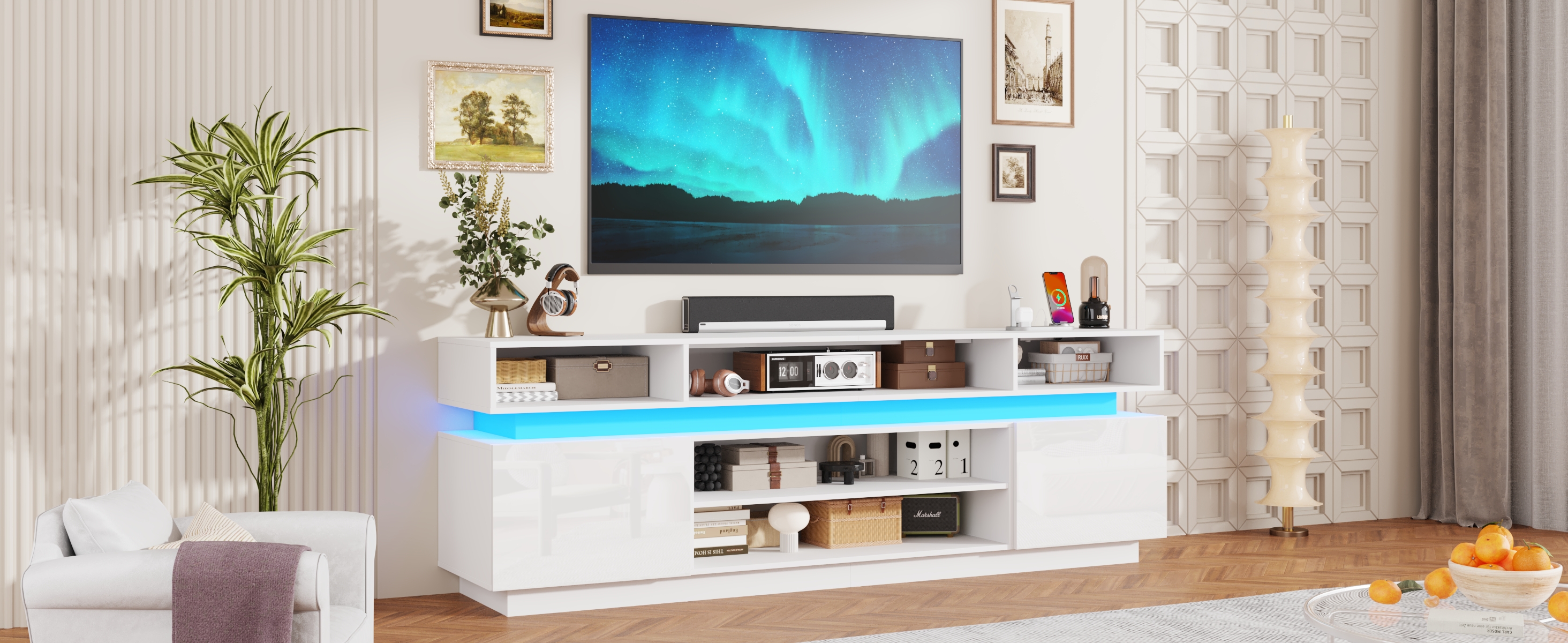 ChVans 82.7" LED TV Stand for up to 95" TVs with Power Outlet, Modern Tall Entertainment Center with Storage, High Gloss Gaming TV Media Console with 2 Storage Cabinets for Living Room, Bed Room