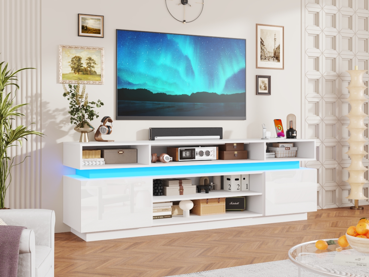 ChVans 82.7" LED TV Stand for up to 95" TVs with Power Outlet, Modern Tall Entertainment Center with Storage, High Gloss Gaming TV Media Console with 2 Storage Cabinets for Living Room, Bed Room