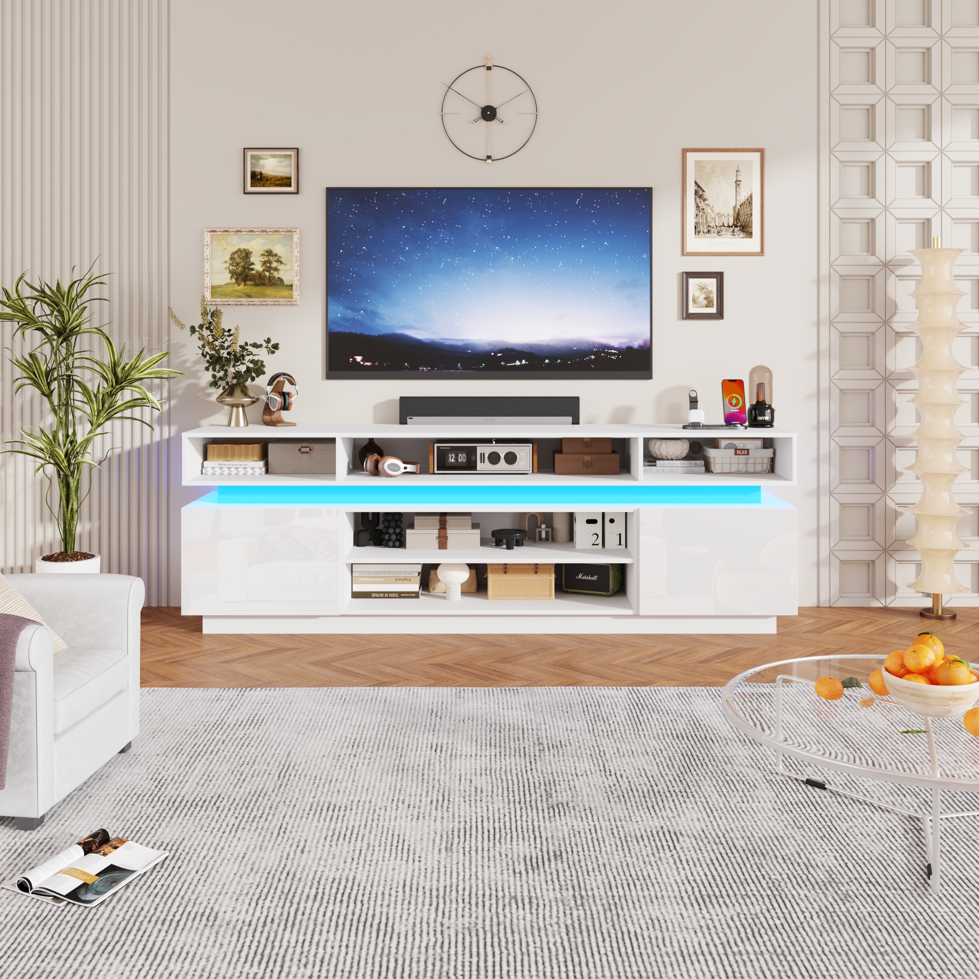 ChVans 82.7" LED TV Stand for up to 95" TVs with Power Outlet, Modern Tall Entertainment Center with Storage, High Gloss Gaming TV Media Console with 2 Storage Cabinets for Living Room, Bed Room