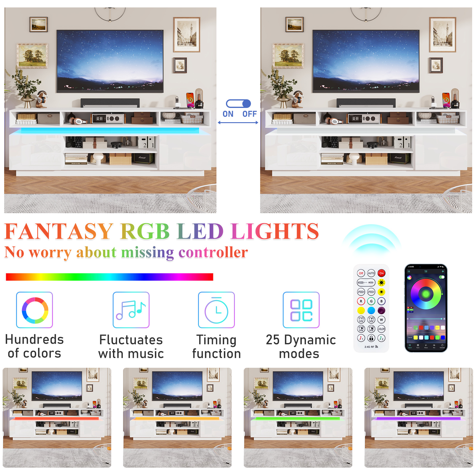 ChVans 82.7" LED TV Stand for up to 95" TVs with Power Outlet, Modern Tall Entertainment Center with Storage, High Gloss Gaming TV Media Console with 2 Storage Cabinets for Living Room, Bed Room