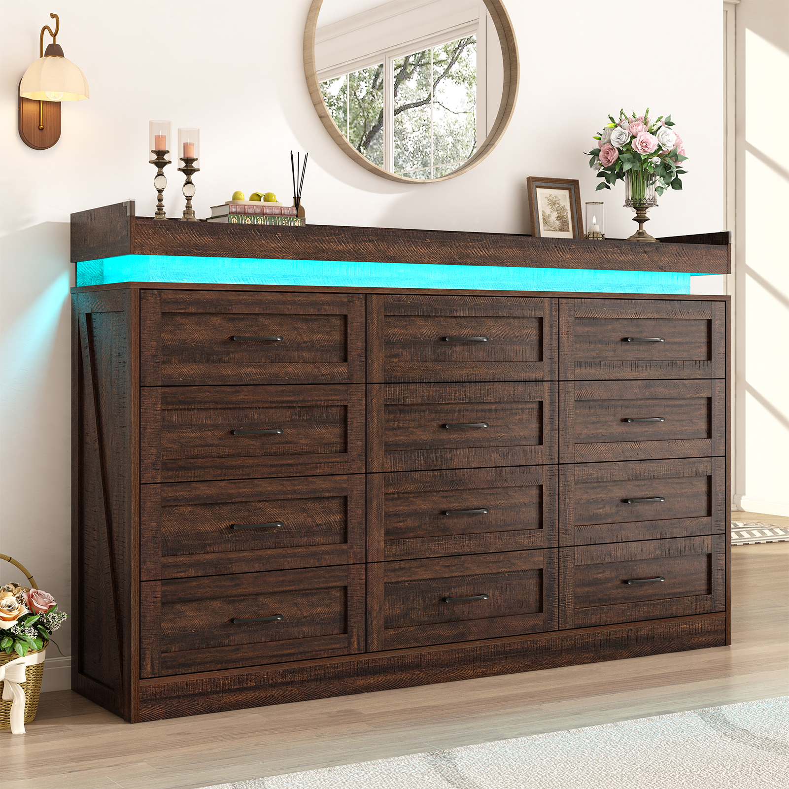 Large Farmhouse 12 Drawers Dresser for Bedroom with LED Light and Power Outlets, 71" Tall Wood 12 Chests of Drawers for Closet, WideStorage Dresser Organizer for Bedroom