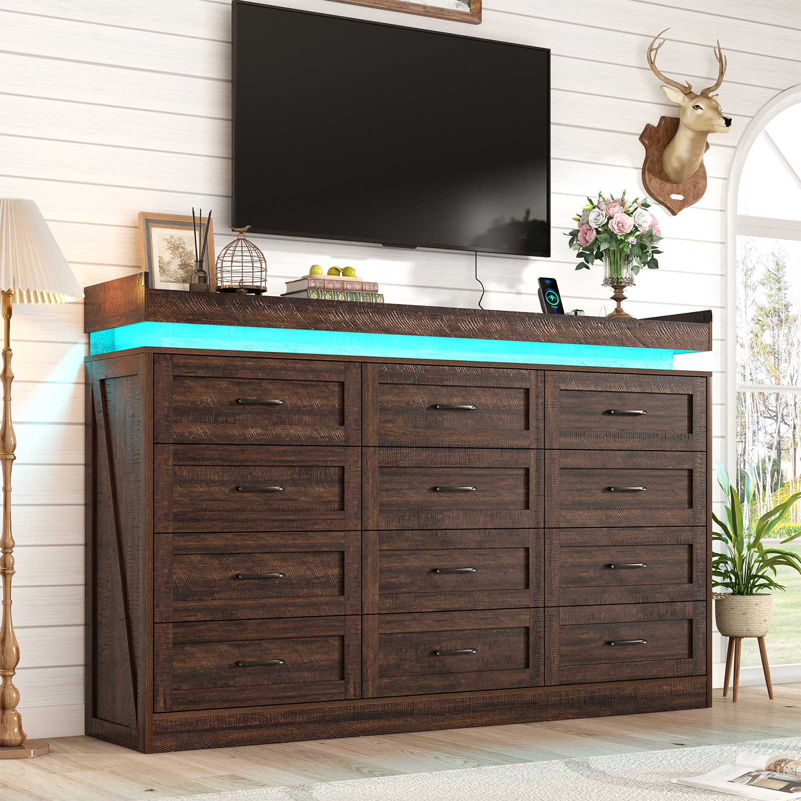 Large Farmhouse 12 Drawers Dresser for Bedroom with LED Light and Power Outlets, 71" Tall Wood 12 Chests of Drawers for Closet, WideStorage Dresser Organizer for Bedroom
