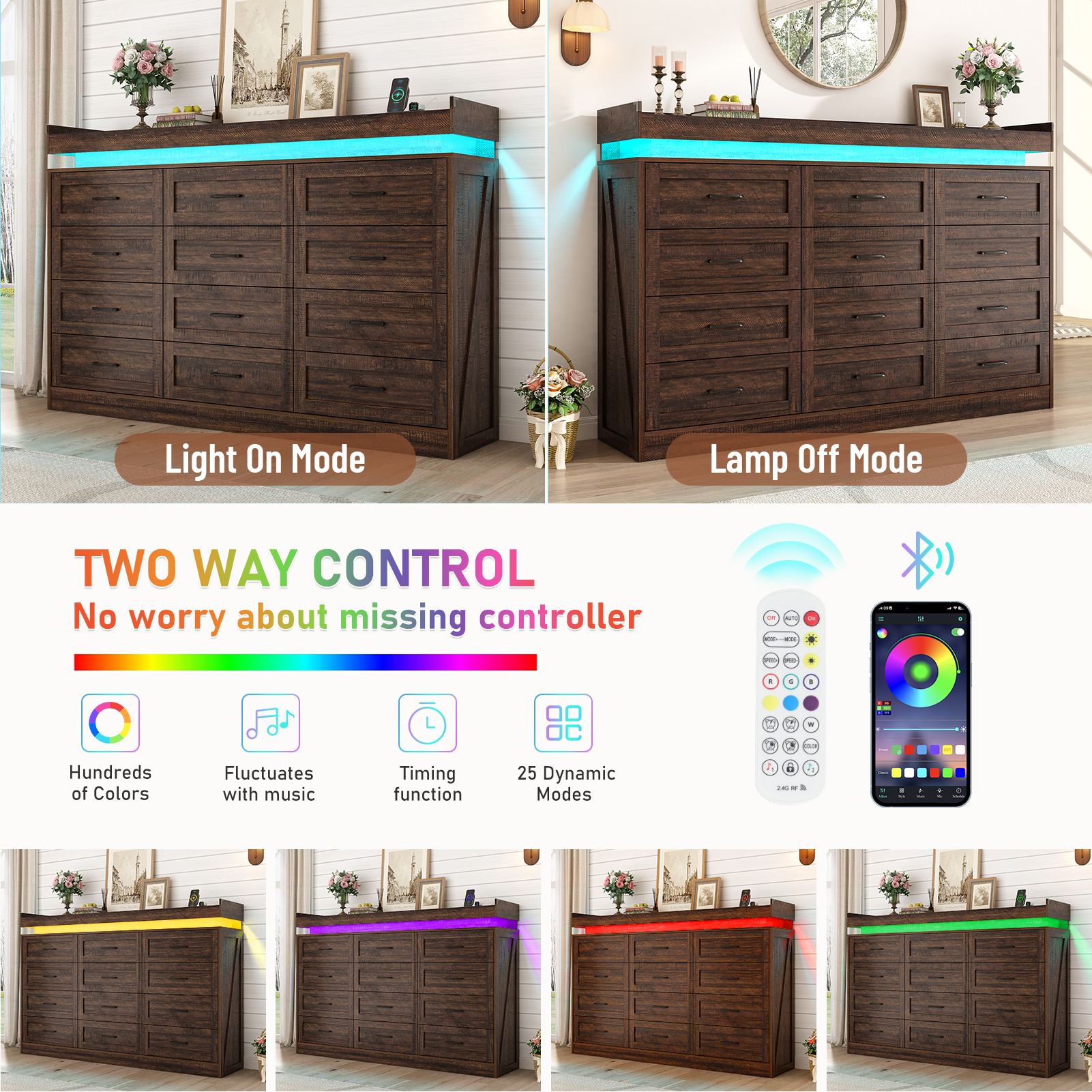 Large Farmhouse 12 Drawers Dresser for Bedroom with LED Light and Power Outlets, 71" Tall Wood 12 Chests of Drawers for Closet, WideStorage Dresser Organizer for Bedroom