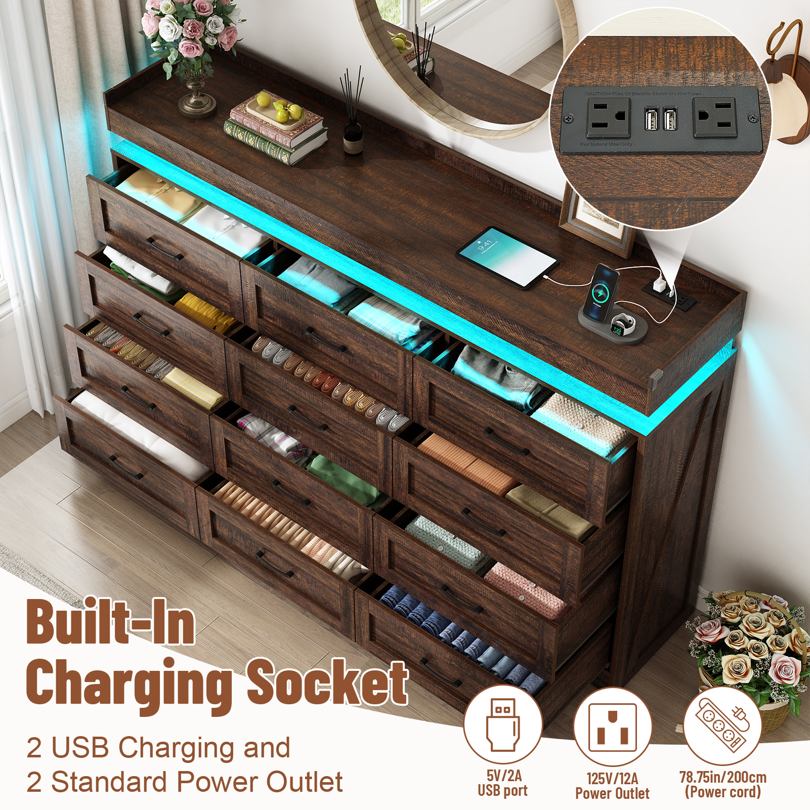 Large Farmhouse 12 Drawers Dresser for Bedroom with LED Light and Power Outlets, 71" Tall Wood 12 Chests of Drawers for Closet, WideStorage Dresser Organizer for Bedroom