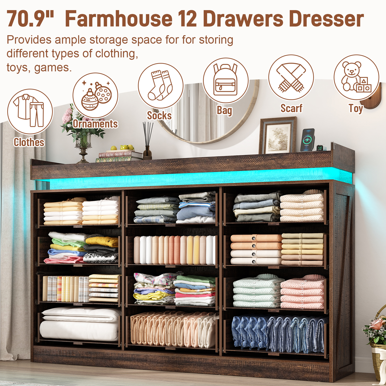 Large Farmhouse 12 Drawers Dresser for Bedroom with LED Light and Power Outlets, 71" Tall Wood 12 Chests of Drawers for Closet, WideStorage Dresser Organizer for Bedroom