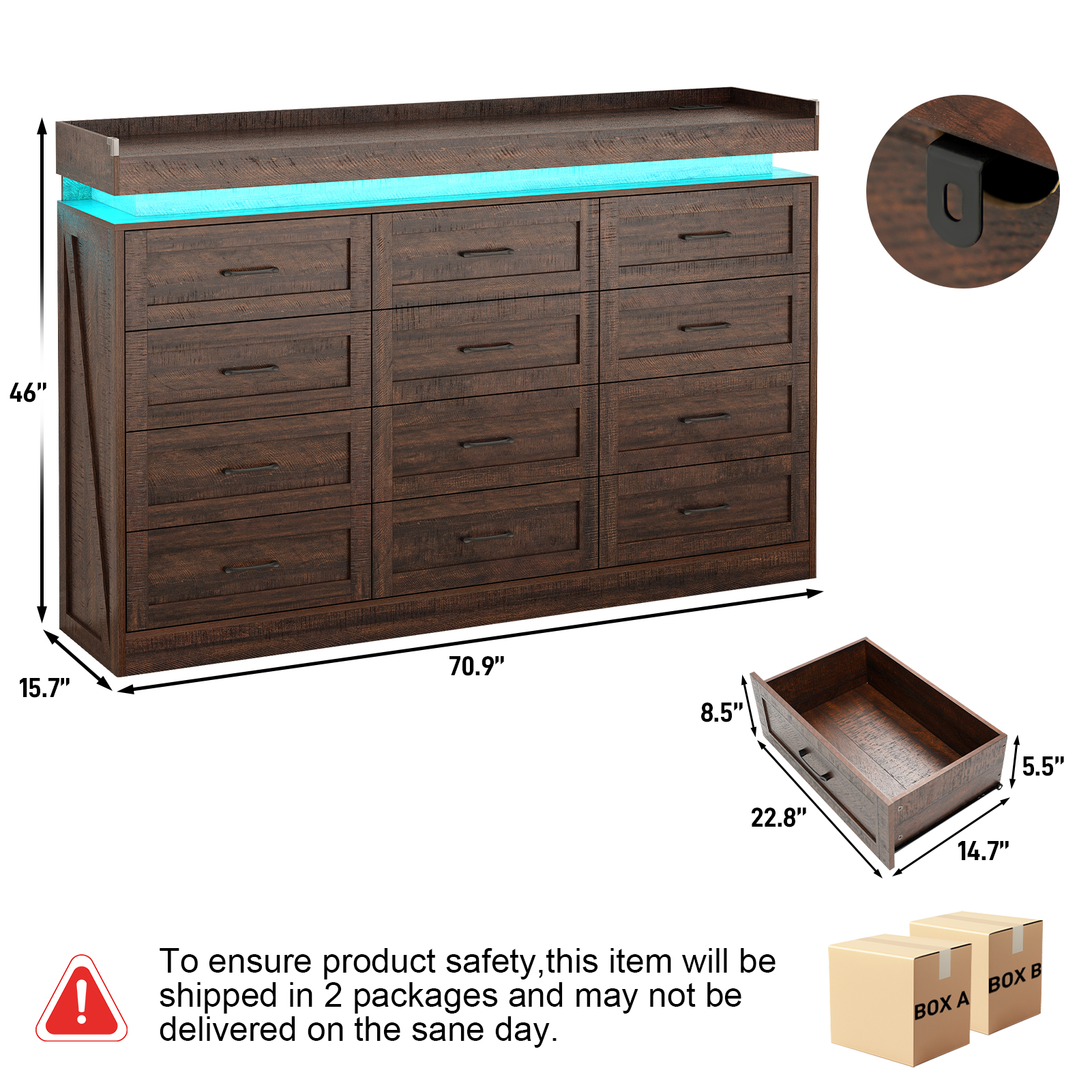 Large Farmhouse 12 Drawers Dresser for Bedroom with LED Light and Power Outlets, 71" Tall Wood 12 Chests of Drawers for Closet, WideStorage Dresser Organizer for Bedroom