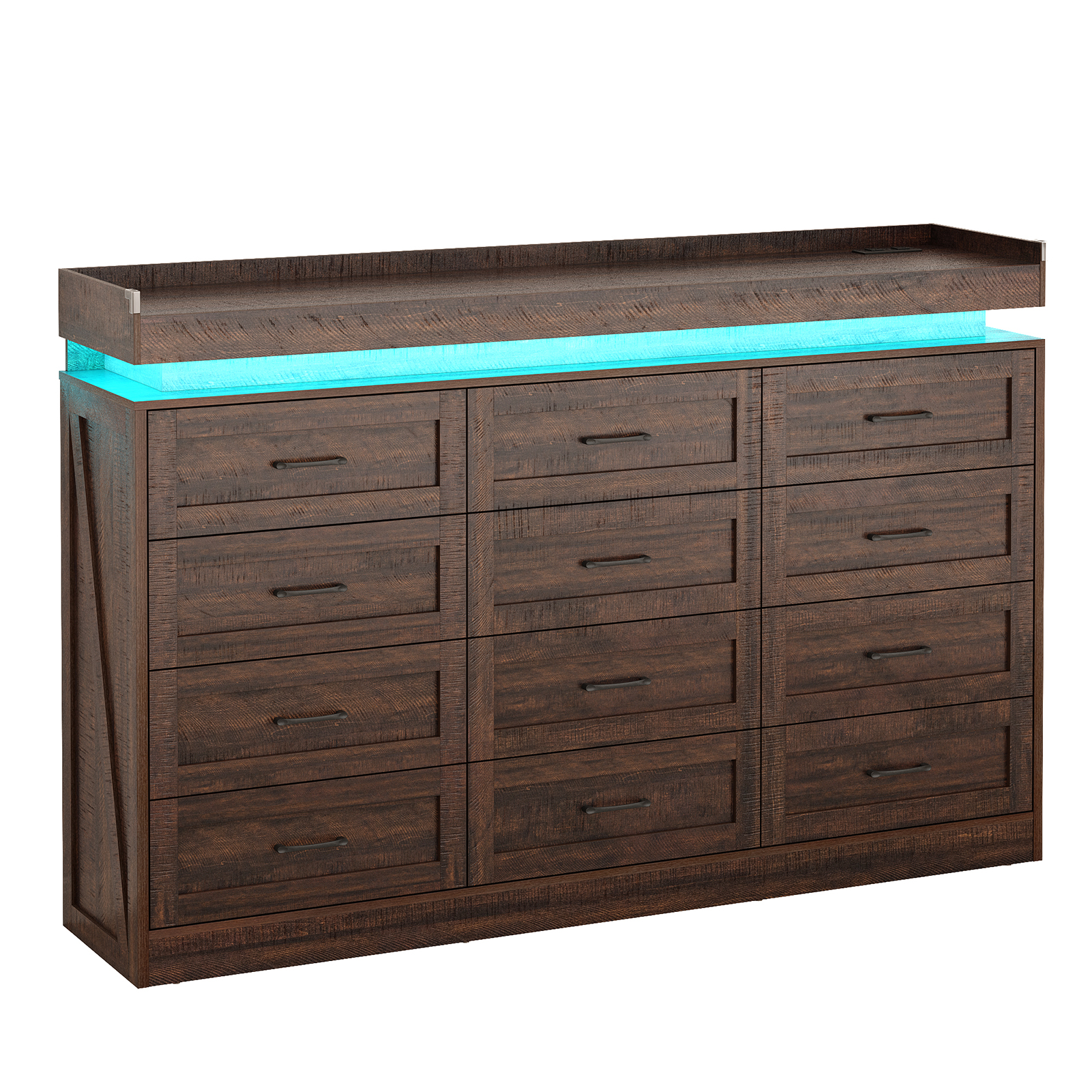 Large Farmhouse 12 Drawers Dresser for Bedroom with LED Light and Power Outlets, 71" Tall Wood 12 Chests of Drawers for Closet, WideStorage Dresser Organizer for Bedroom
