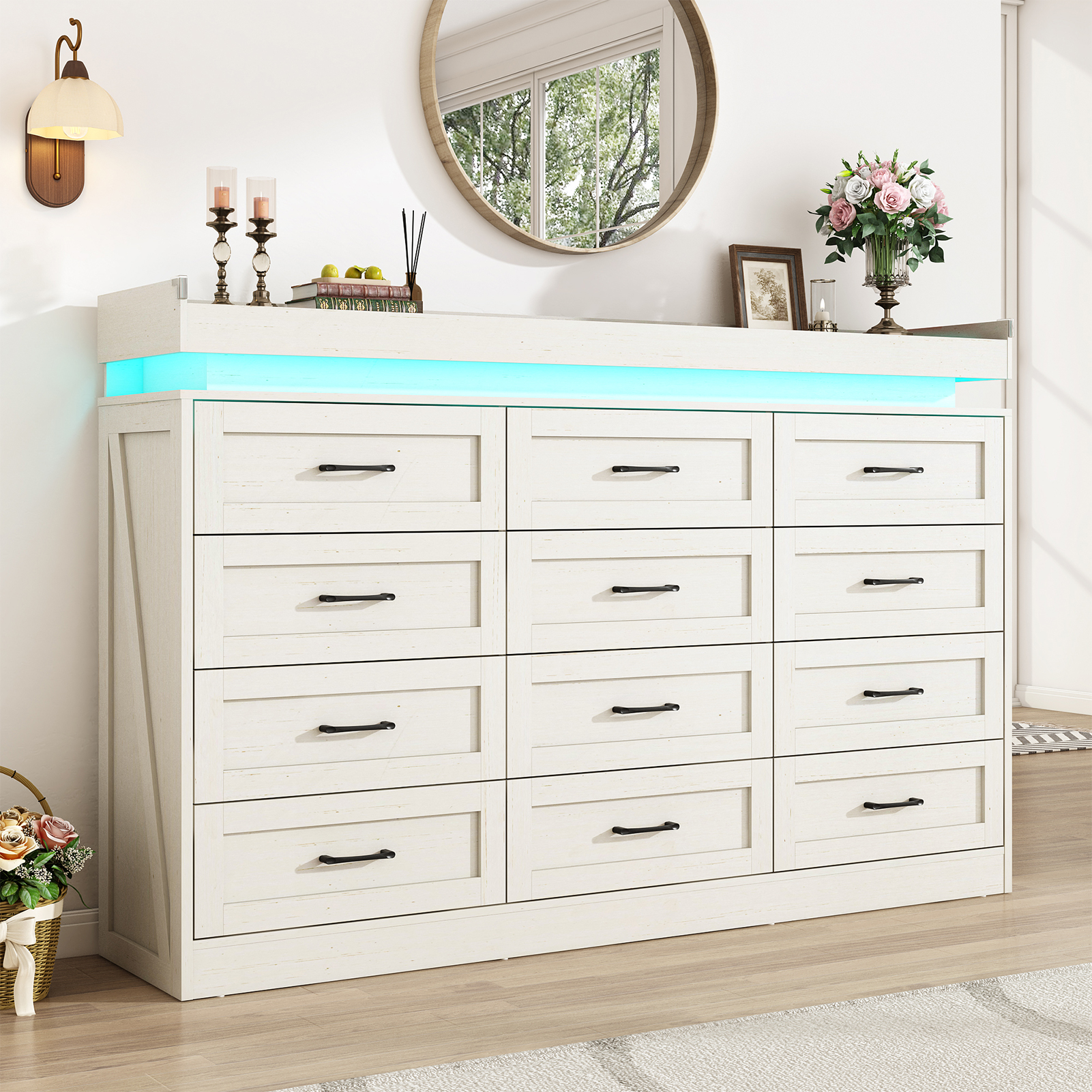 Large Farmhouse 12 Drawers Dresser for Bedroom with LED Light and Power Outlets, 71" Tall Wood 12 Chests of Drawers for Closet, WideStorage Dresser Organizer for Bedroom