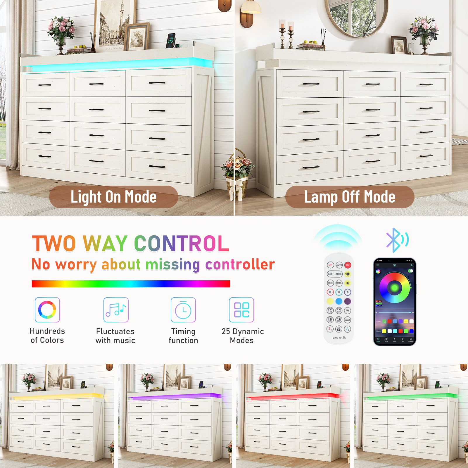 Large Farmhouse 12 Drawers Dresser for Bedroom with LED Light and Power Outlets, 71" Tall Wood 12 Chests of Drawers for Closet, WideStorage Dresser Organizer for Bedroom