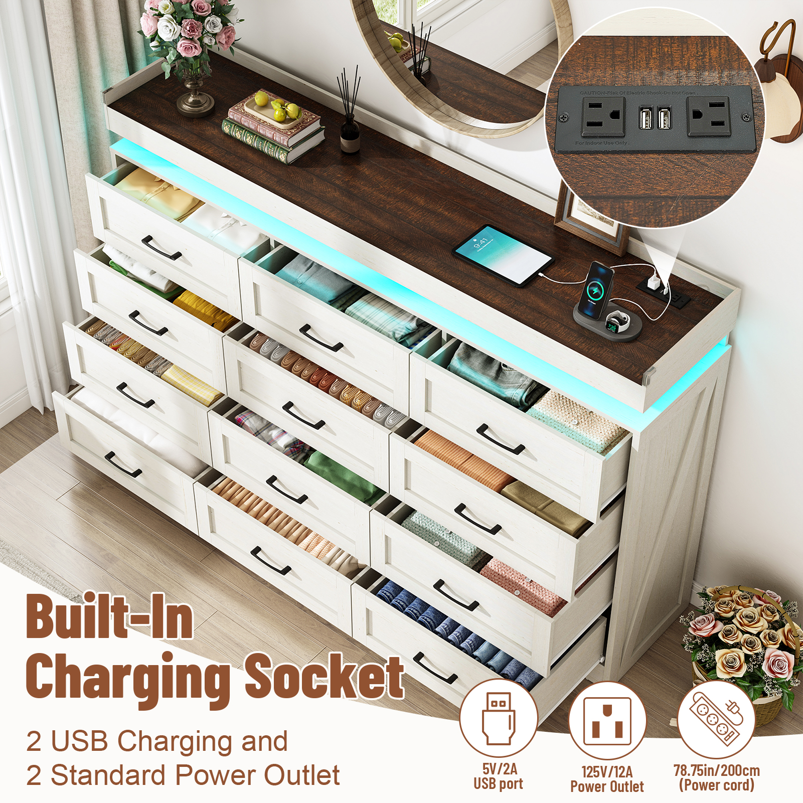 ChVans 12 Drawer Dresser with LED Light and Charging Station, Farmhouse Large Chest of Drawers for Closet, Wide Drawer Organizer Cabinet for Bedroom, Living Room