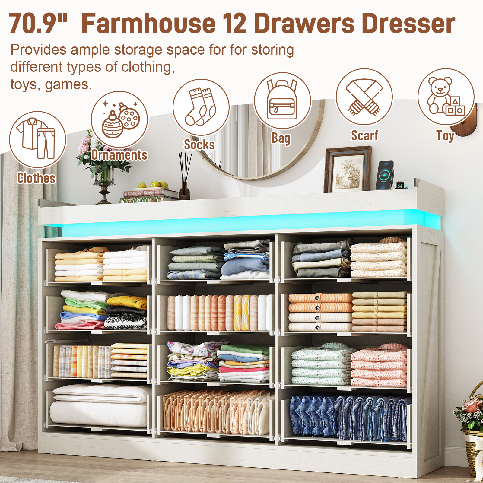 Large Farmhouse 12 Drawers Dresser for Bedroom with LED Light and Power Outlets, 71" Tall Wood 12 Chests of Drawers for Closet, WideStorage Dresser Organizer for Bedroom
