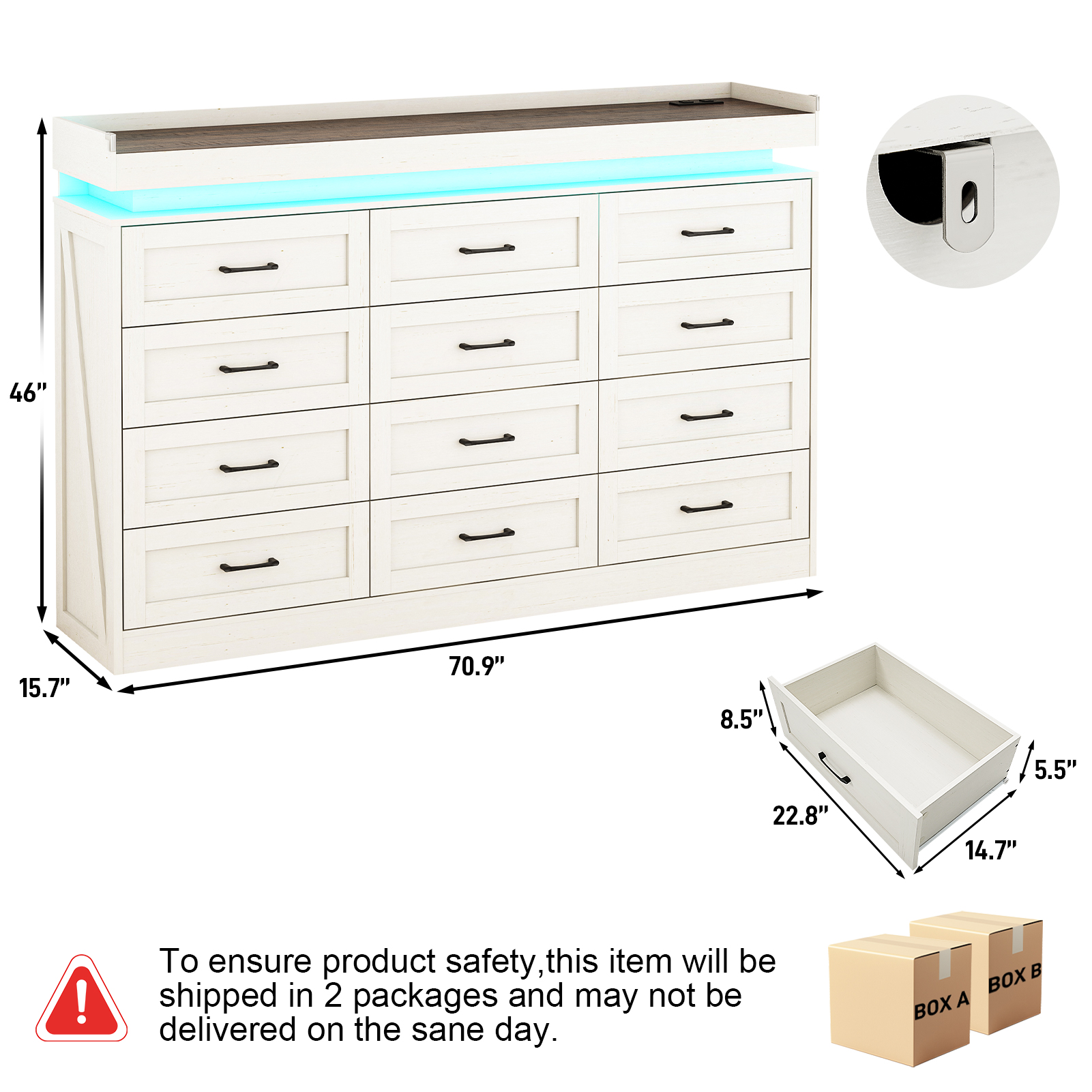 Large Farmhouse 12 Drawers Dresser for Bedroom with LED Light and Power Outlets, 71" Tall Wood 12 Chests of Drawers for Closet, WideStorage Dresser Organizer for Bedroom