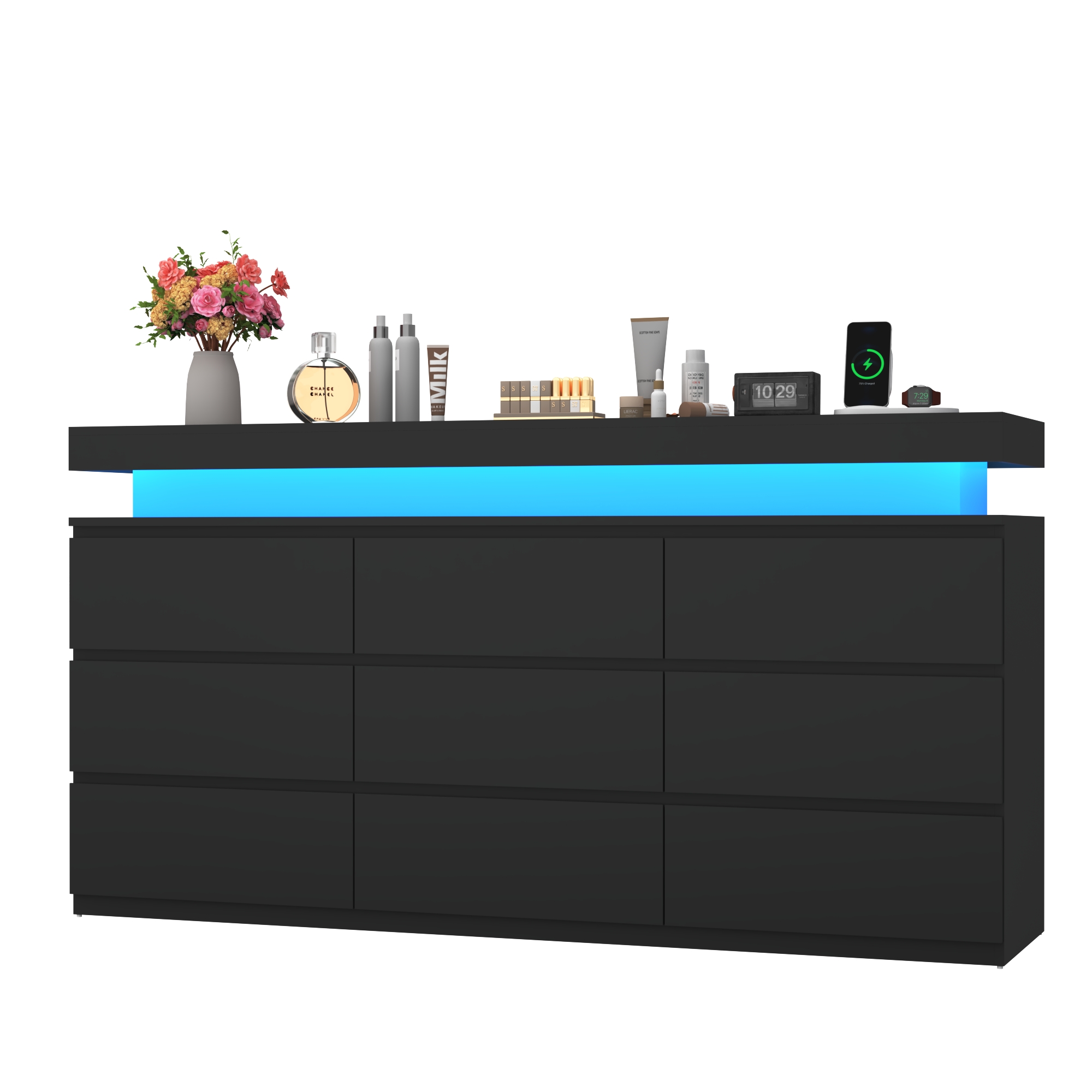 ChVans Black 9 Drawer Dresser with LED Lights, 63" Wide Modern Wood Chest of Drawers with Charging Station & Handle Free, LED Black Dresser for bedroom, Living Room, Entryway, Hallway