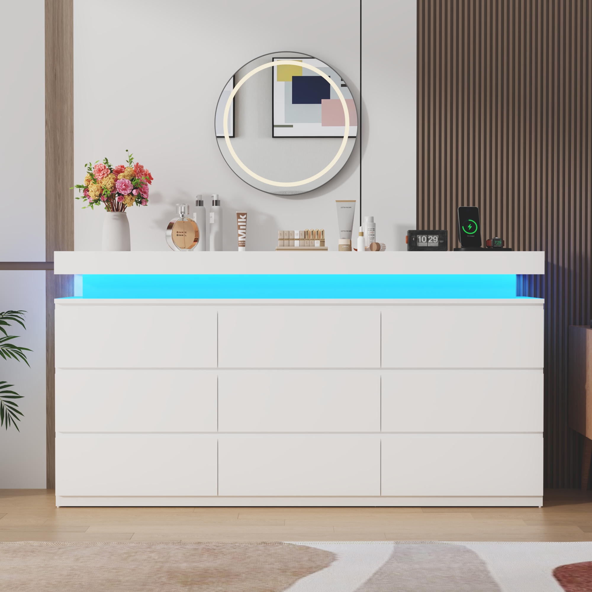 ChVans Black 9 Drawer Dresser with LED Lights, 63" Wide Modern Wood Chest of Drawers with Charging Station & Handle Free, LED Black Dresser for bedroom, Living Room, Entryway, Hallway