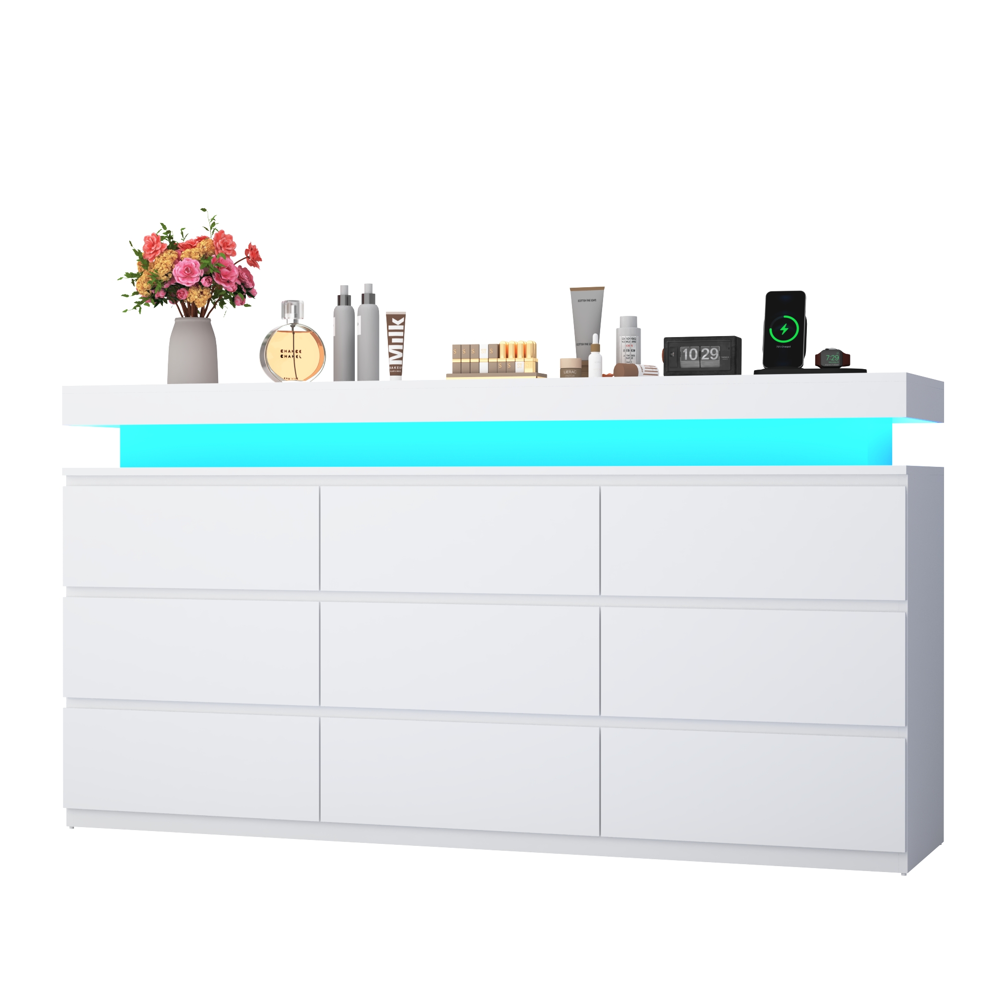 ChVans Black 9 Drawer Dresser with LED Lights, 63" Wide Modern Wood Chest of Drawers with Charging Station & Handle Free, LED Black Dresser for bedroom, Living Room, Entryway, Hallway