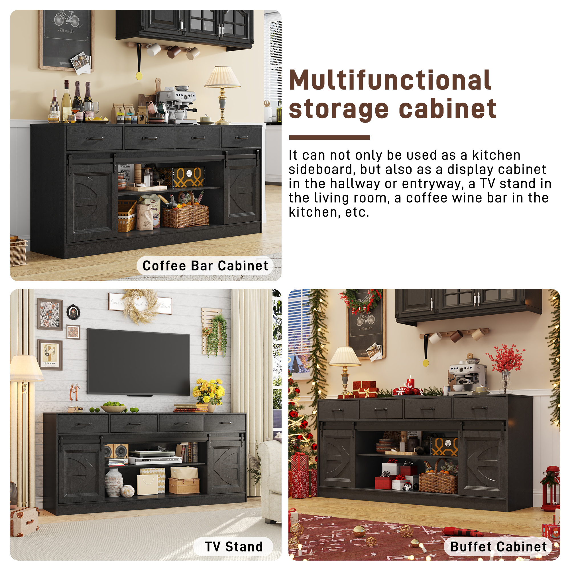 Farmhouse Buffet Cabinet, 70” Large Sideboard Cabinet with 3 Drawer, Rustic Storage Cabinets with Sliding Barn Door, Coffee Bar for Dinning Room, Kitchen, Hallway, and Living Room