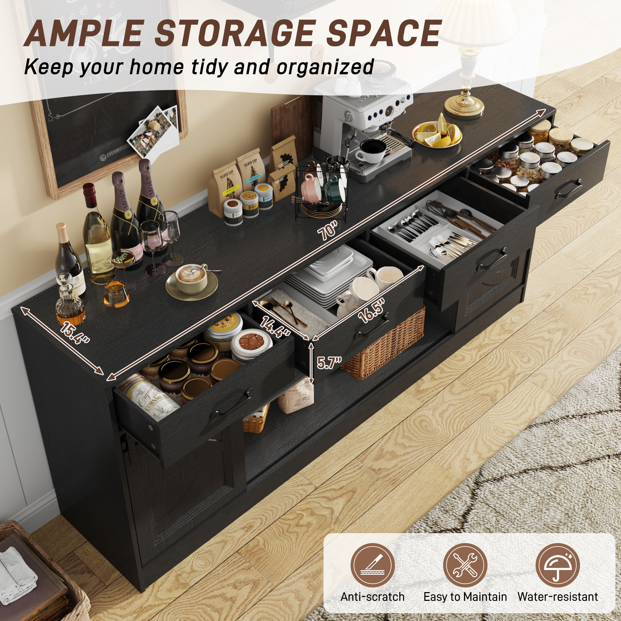 Farmhouse Buffet Cabinet, 70” Large Sideboard Cabinet with 3 Drawer, Rustic Storage Cabinets with Sliding Barn Door, Coffee Bar for Dinning Room, Kitchen, Hallway, and Living Room