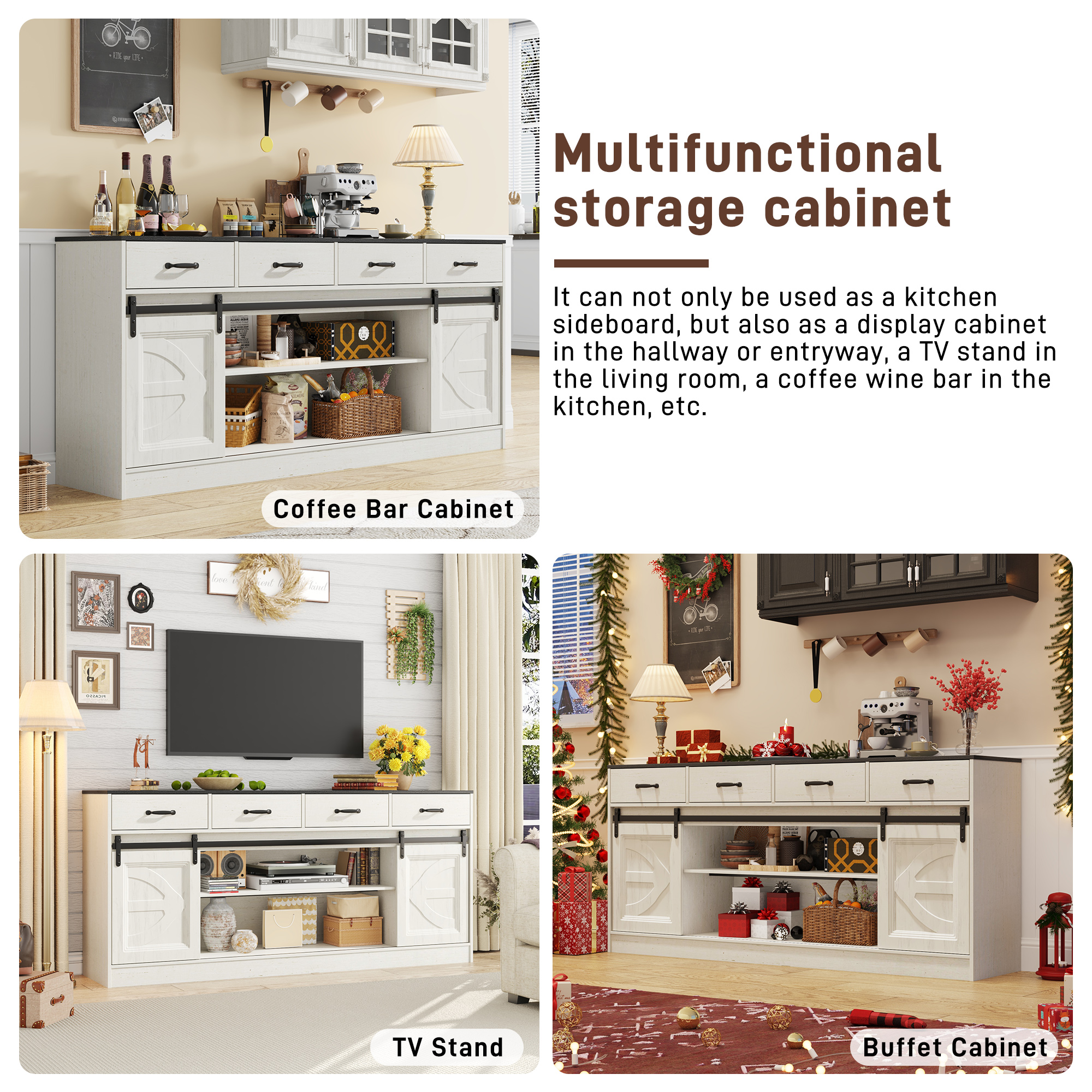 Farmhouse Buffet Cabinet, 70” Large Sideboard Cabinet with 3 Drawer, Rustic Storage Cabinets with Sliding Barn Door, Coffee Bar for Dinning Room, Kitchen, Hallway, and Living Room