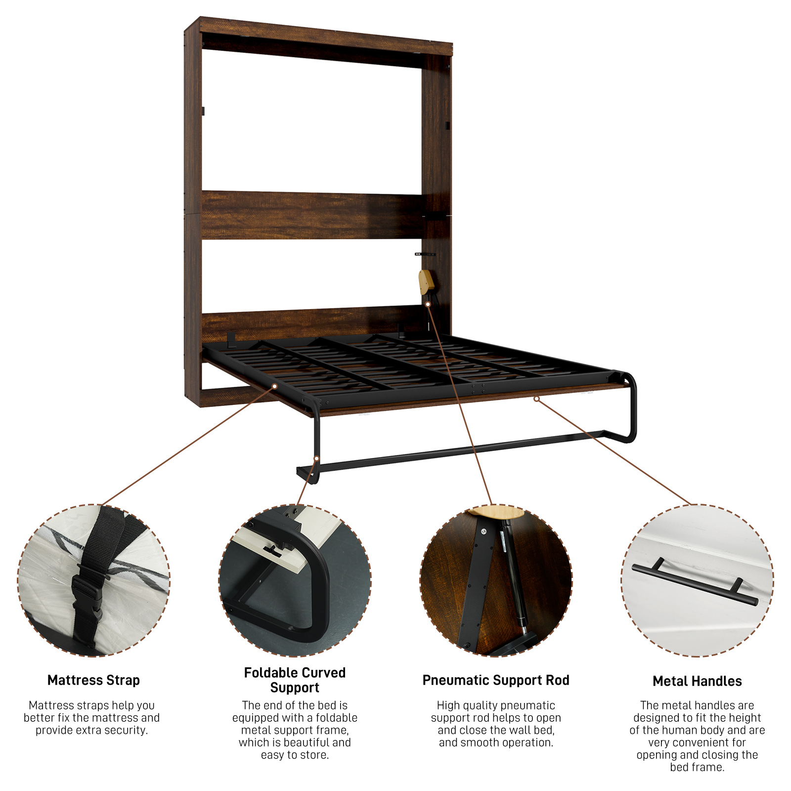 ANPOO Full Size Murphy Bed with 2 LED Lights, Farmhouse Wood Hidden Foldable Wall Bed Frame with Gas Struts, Storage Bed Cabinet for Bedroom, Office, Space-Saving, No Box Spring Needed