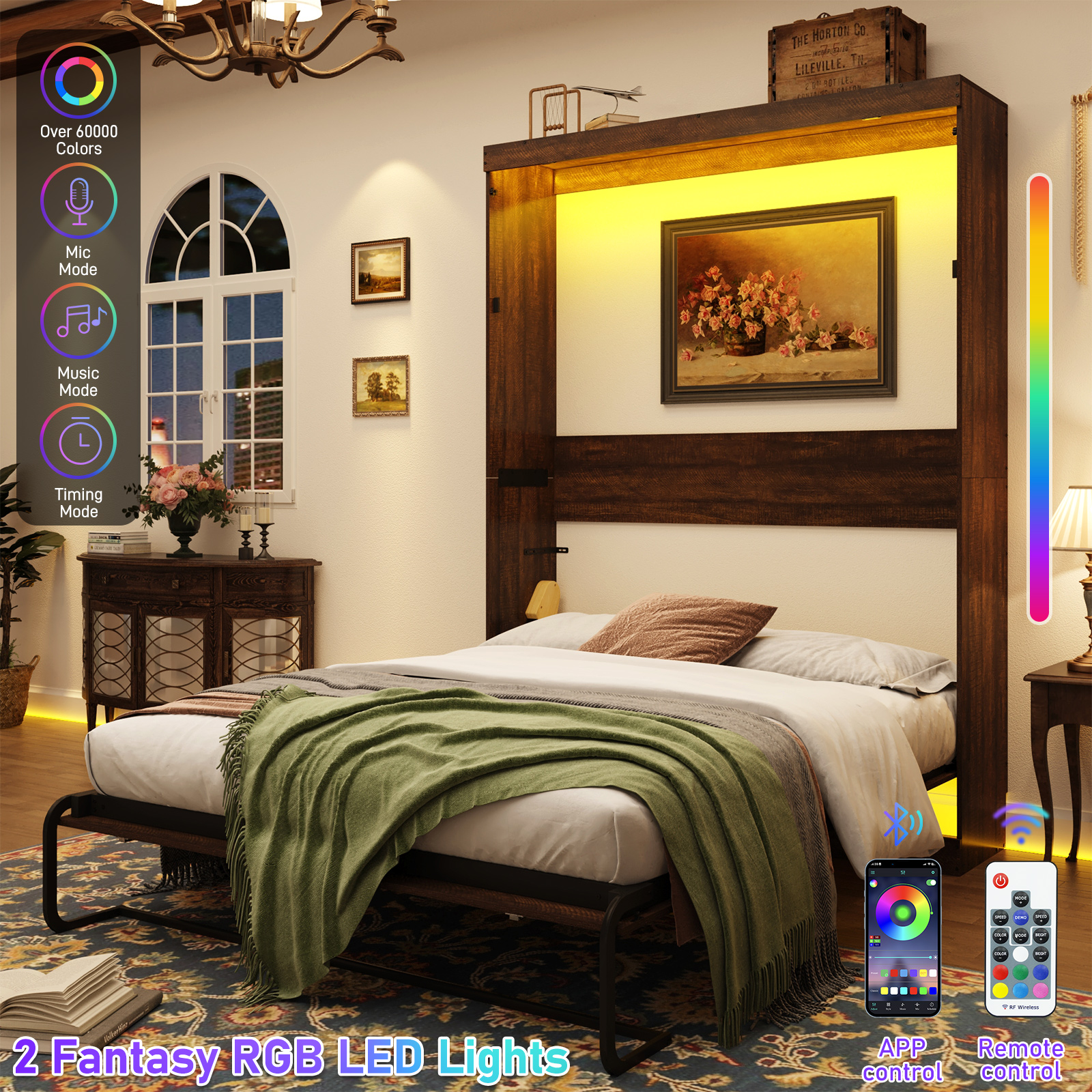 ANPOO Full Size Murphy Bed with 2 LED Lights, Farmhouse Wood Hidden Foldable Wall Bed Frame with Gas Struts, Storage Bed Cabinet for Bedroom, Office, Space-Saving, No Box Spring Needed