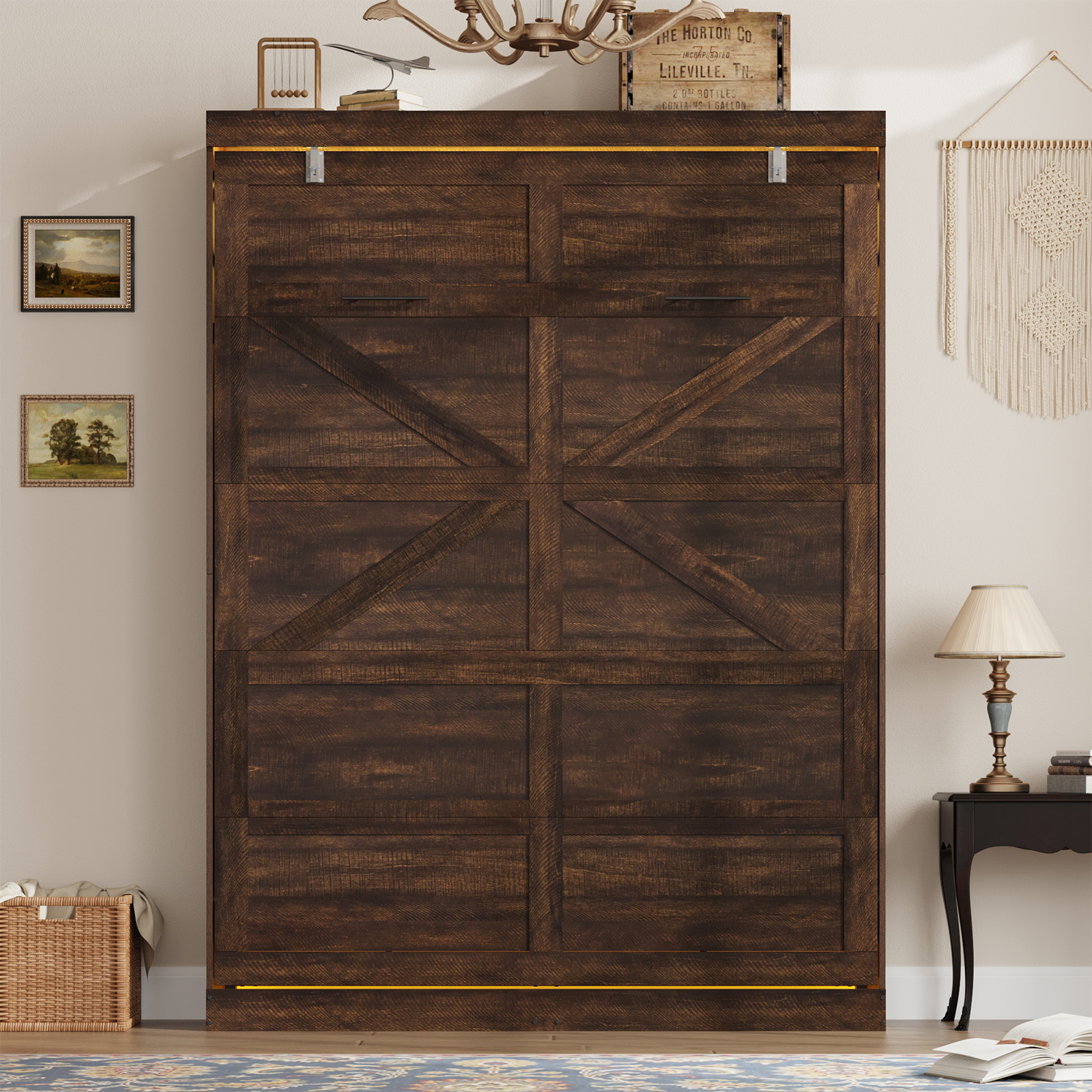 ANPOO Full Size Murphy Bed with 2 LED Lights, Farmhouse Wood Hidden Foldable Wall Bed Frame with Gas Struts, Storage Bed Cabinet for Bedroom, Office, Space-Saving, No Box Spring Needed