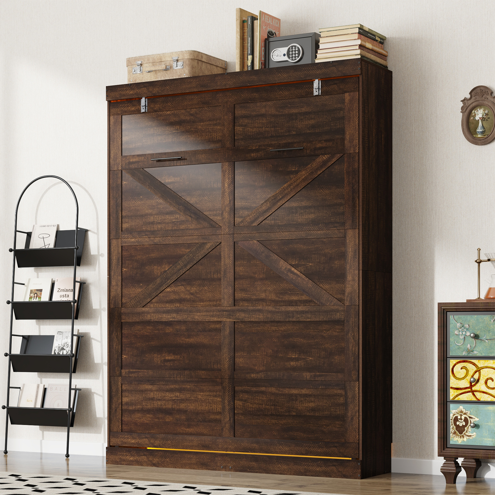 ANPOO Full Size Murphy Bed with 2 LED Lights, Farmhouse Wood Hidden Foldable Wall Bed Frame with Gas Struts, Storage Bed Cabinet for Bedroom, Office, Space-Saving, No Box Spring Needed