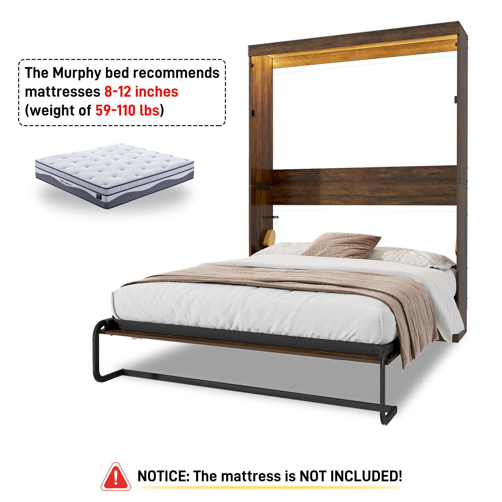 ANPOO Queen Size Murphy Bed with 2 LED Lights, Farmhouse Wood Hidden Foldable Wall Bed Frame with Gas Struts, Storage Bed Cabinet for Bedroom, Office, Space-Saving, No Box Spring Needed