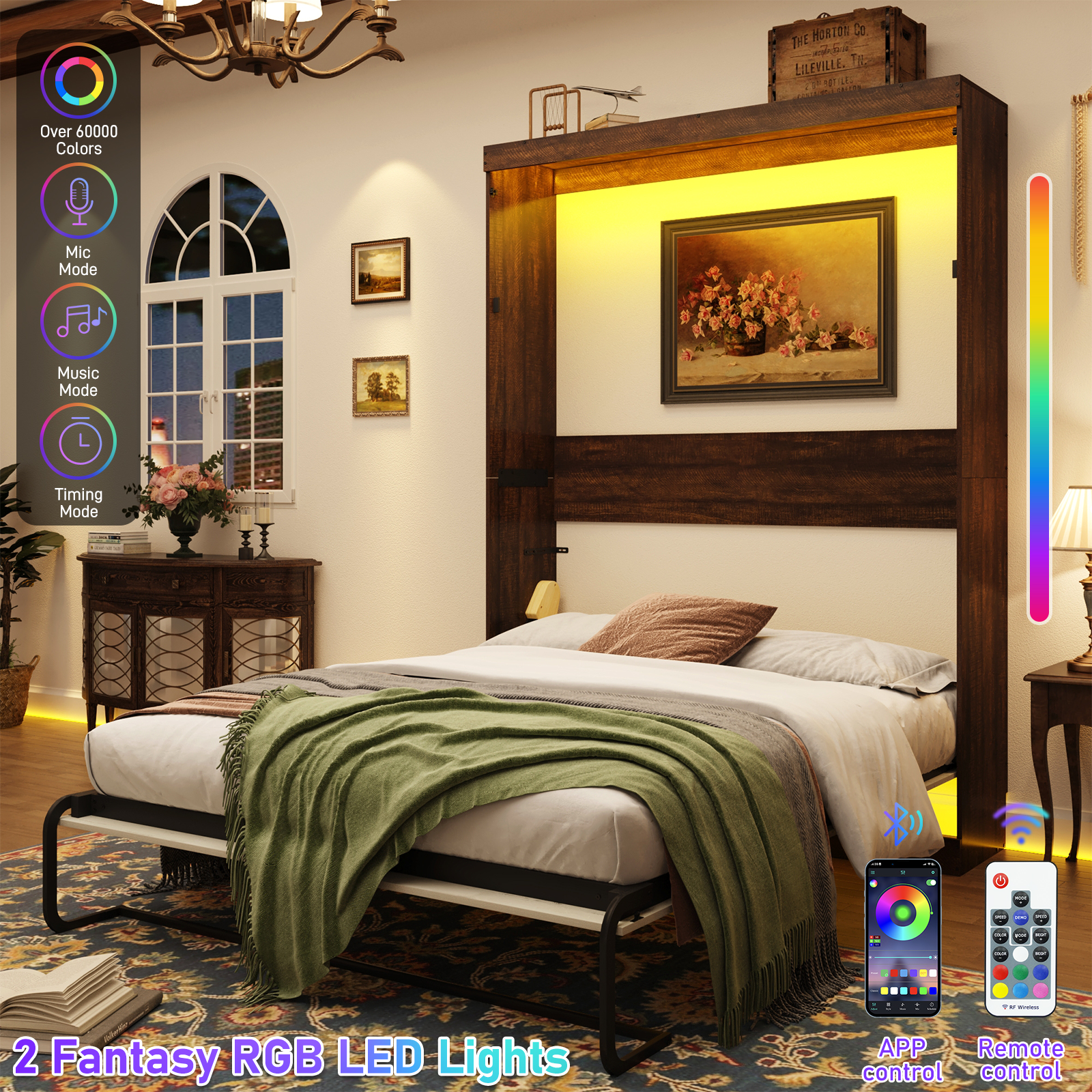 ChVans Full Size Murphy Wall Bed with 2 LED Lights, Farmhouse Wood Space-Saving Hidden Folding Bed Chest, Multifunctional Storage Cabinet Bed with Gas Struts for Bedroom, Guest Room, Office