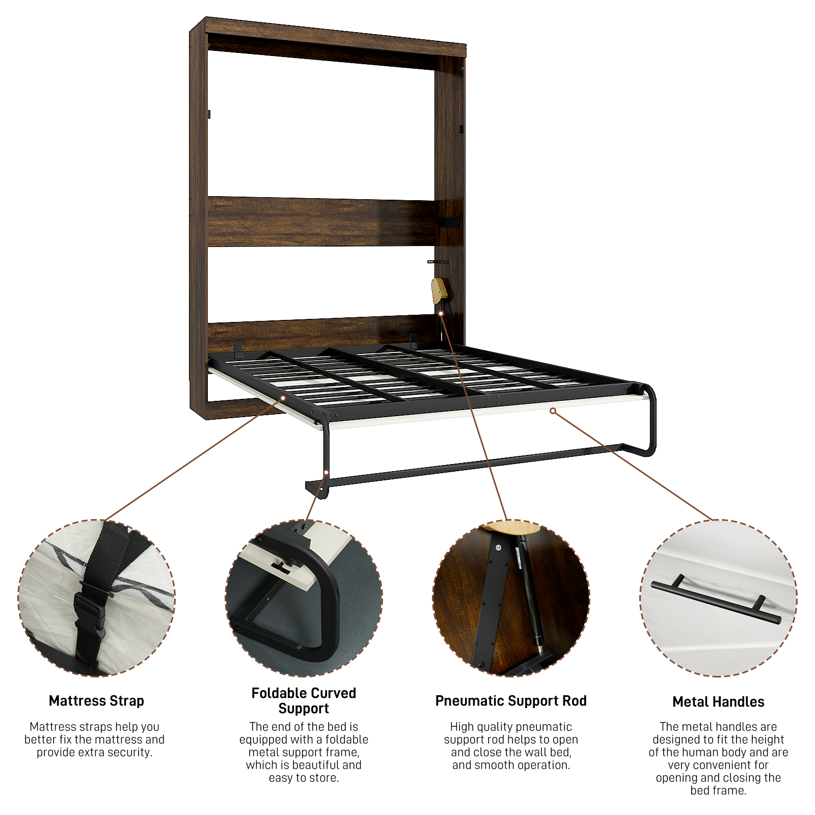 ChVans Full Size Murphy Wall Bed with 2 LED Lights, Farmhouse Wood Space-Saving Hidden Folding Bed Chest, Multifunctional Storage Cabinet Bed with Gas Struts for Bedroom, Guest Room, Office