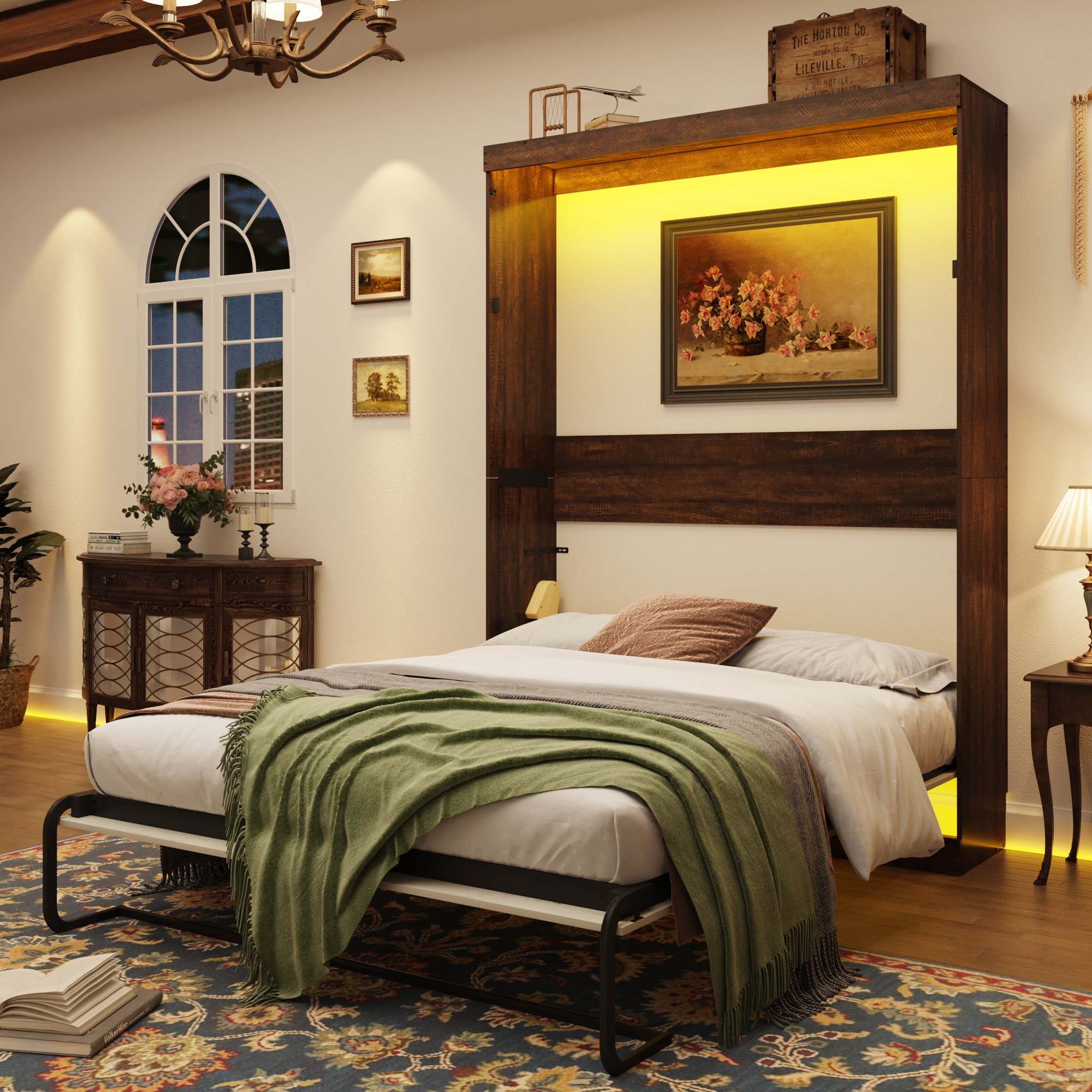 ANPOO Full Size Murphy Bed with 2 LED Lights, Farmhouse Wood Hidden Foldable Wall Bed Frame with Gas Struts, Storage Bed Cabinet for Bedroom, Office, Space-Saving, No Box Spring Needed