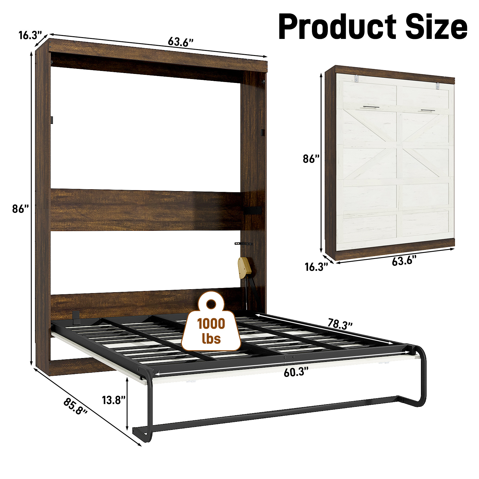 ANPOO Queen Size Murphy Bed with 2 LED Lights, Farmhouse Wood Hidden Foldable Wall Bed Frame with Gas Struts, Storage Bed Cabinet for Bedroom, Office, Space-Saving, No Box Spring Needed