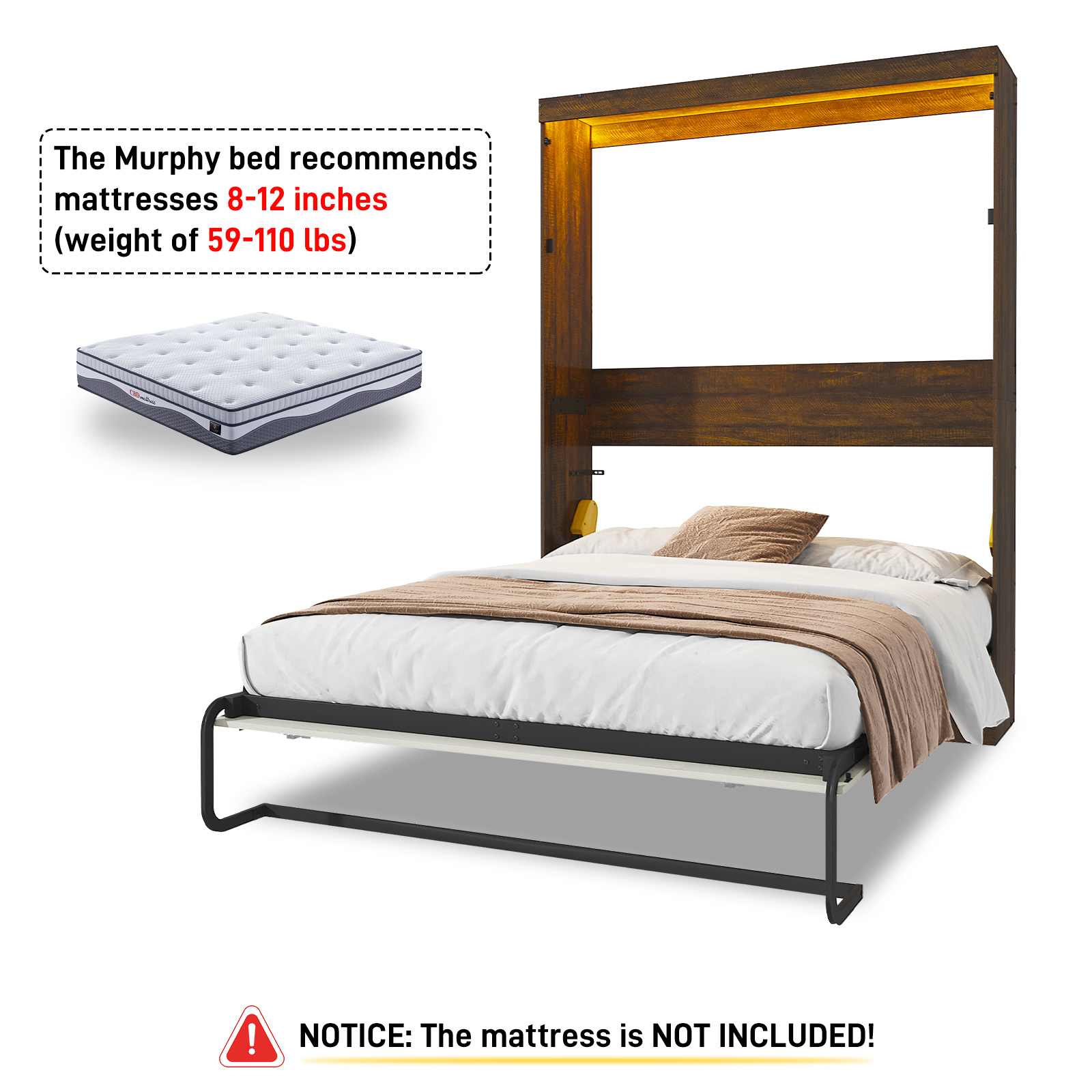 ANPOO Queen Size Murphy Bed with 2 LED Lights, Farmhouse Wood Hidden Foldable Wall Bed Frame with Gas Struts, Storage Bed Cabinet for Bedroom, Office, Space-Saving, No Box Spring Needed