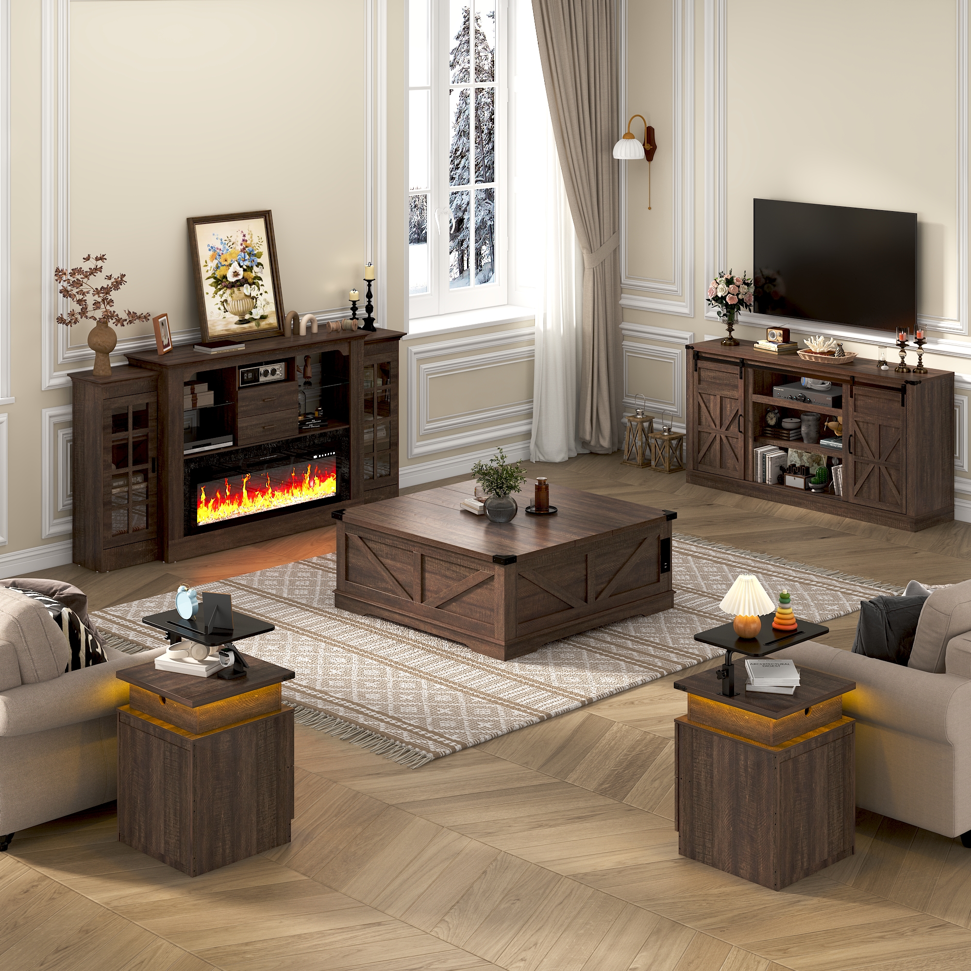 ChVans TV Stand for TVs up to 75", 66" Farmhouse Entertainment Center with Storage Cabinets, Sliding Barn Doors and Power Outlets, Rustic Media TV Console Table for Living Room