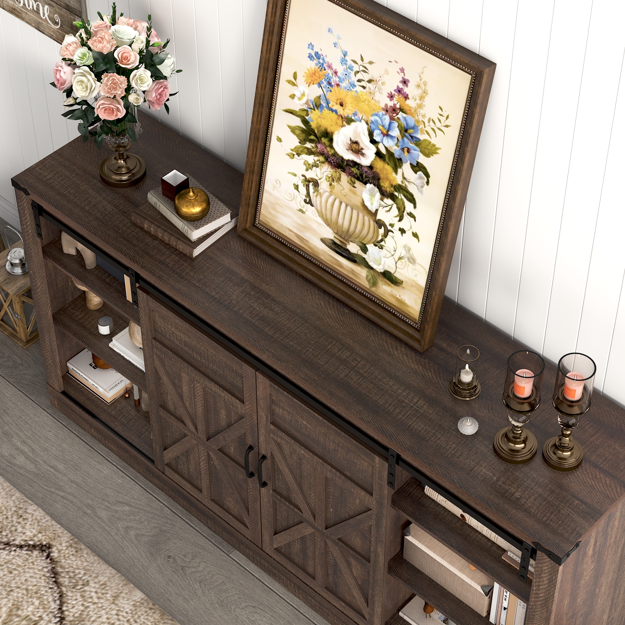 ChVans TV Stand for TVs up to 75", 66" Farmhouse Entertainment Center with Storage Cabinets, Sliding Barn Doors and Power Outlets, Rustic Media TV Console Table for Living Room