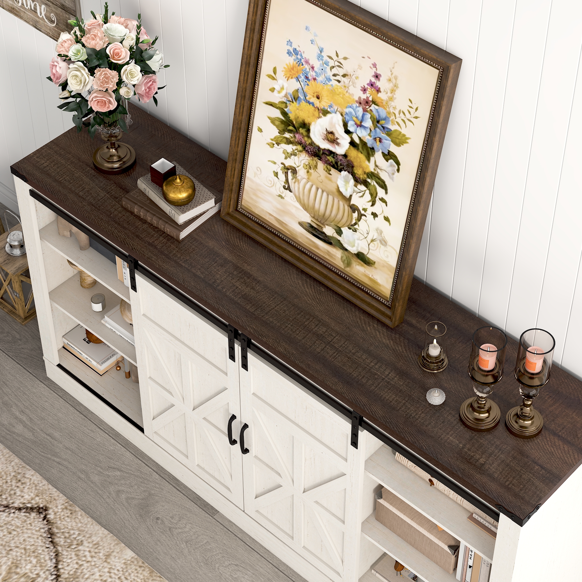 ChVans TV Stand for TVs up to 75", 66" Farmhouse Entertainment Center with Storage Cabinets, Sliding Barn Doors and Power Outlets, Rustic Media TV Console Table for Living Room