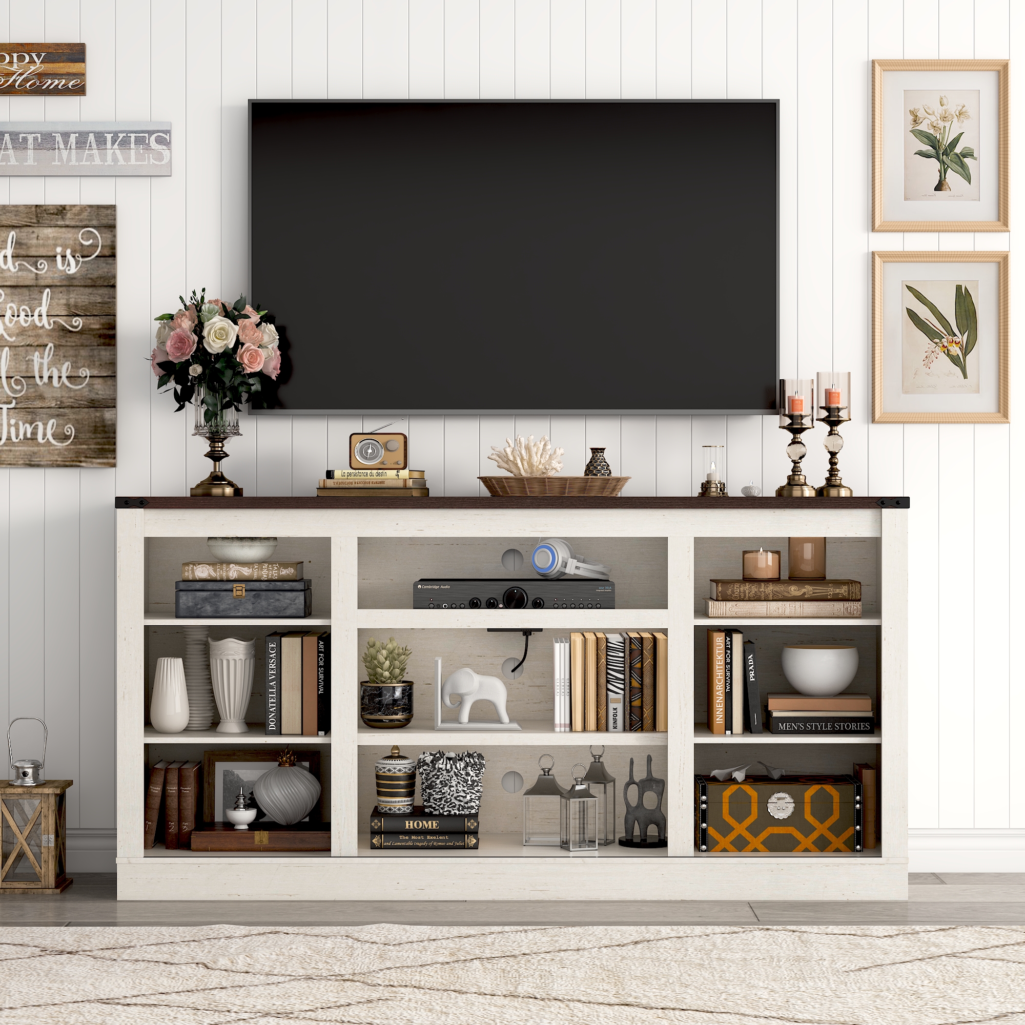 ChVans TV Stand for TVs up to 75", 66" Farmhouse Entertainment Center with Storage Cabinets, Sliding Barn Doors and Power Outlets, Rustic Media TV Console Table for Living Room