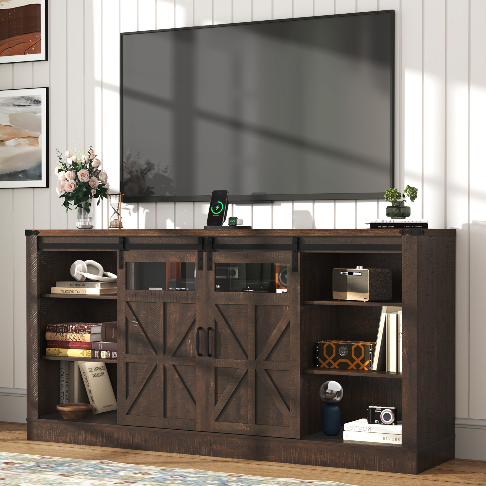 66" Farmhouse TV Stand for 65" 70" 75" TVs with Power Charging Station