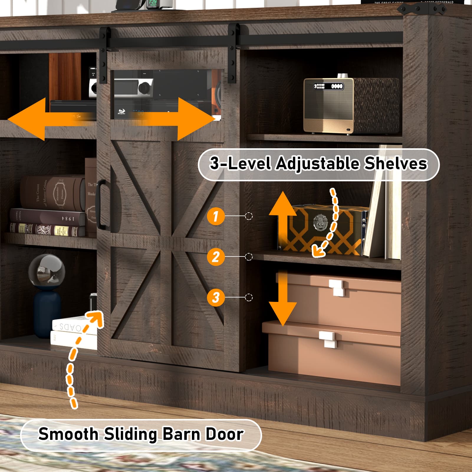 66" Farmhouse TV Stand for 65" 70" 75" TVs with Power Charging Station