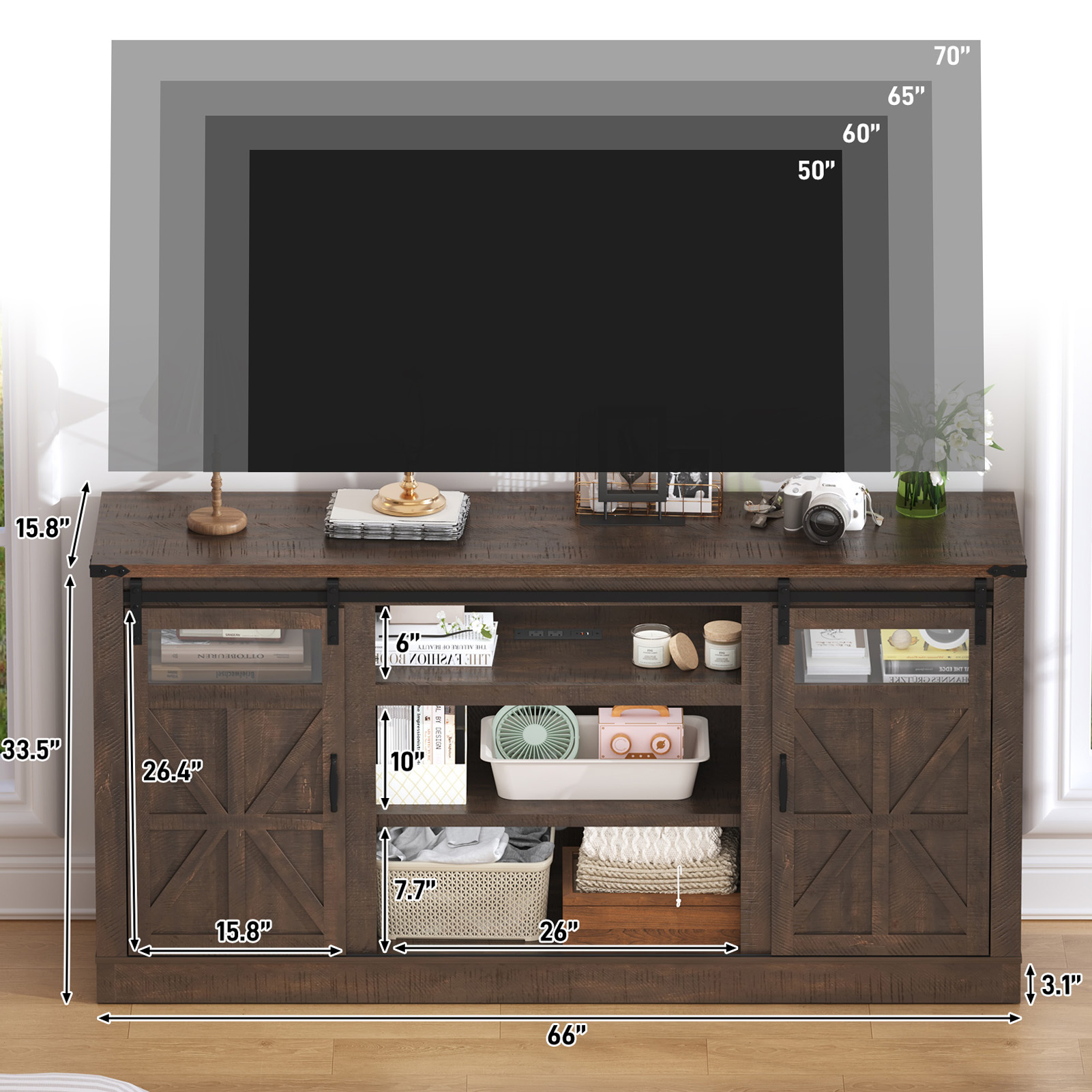 66" Farmhouse TV Stand for 65" 70" 75" TVs with Power Charging Station