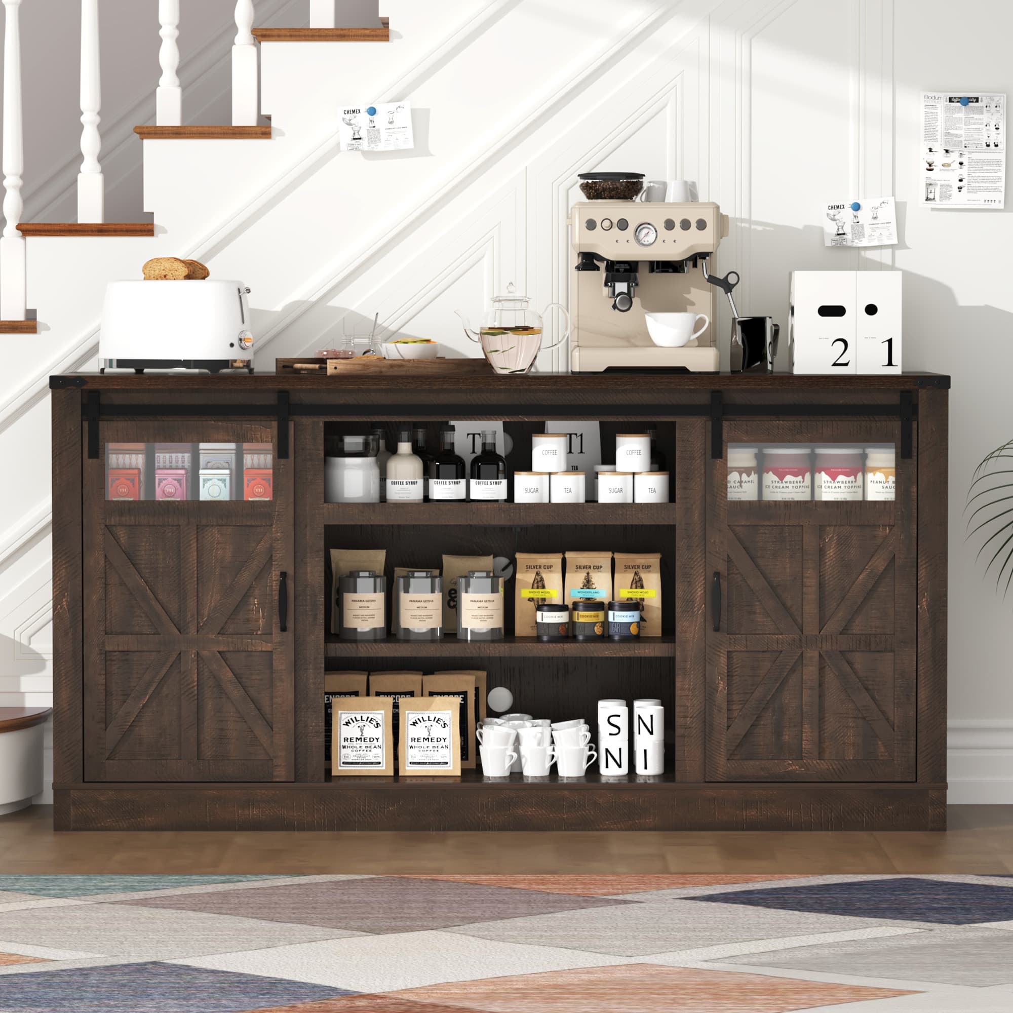 66" Farmhouse TV Stand for 65" 70" 75" TVs with Power Charging Station