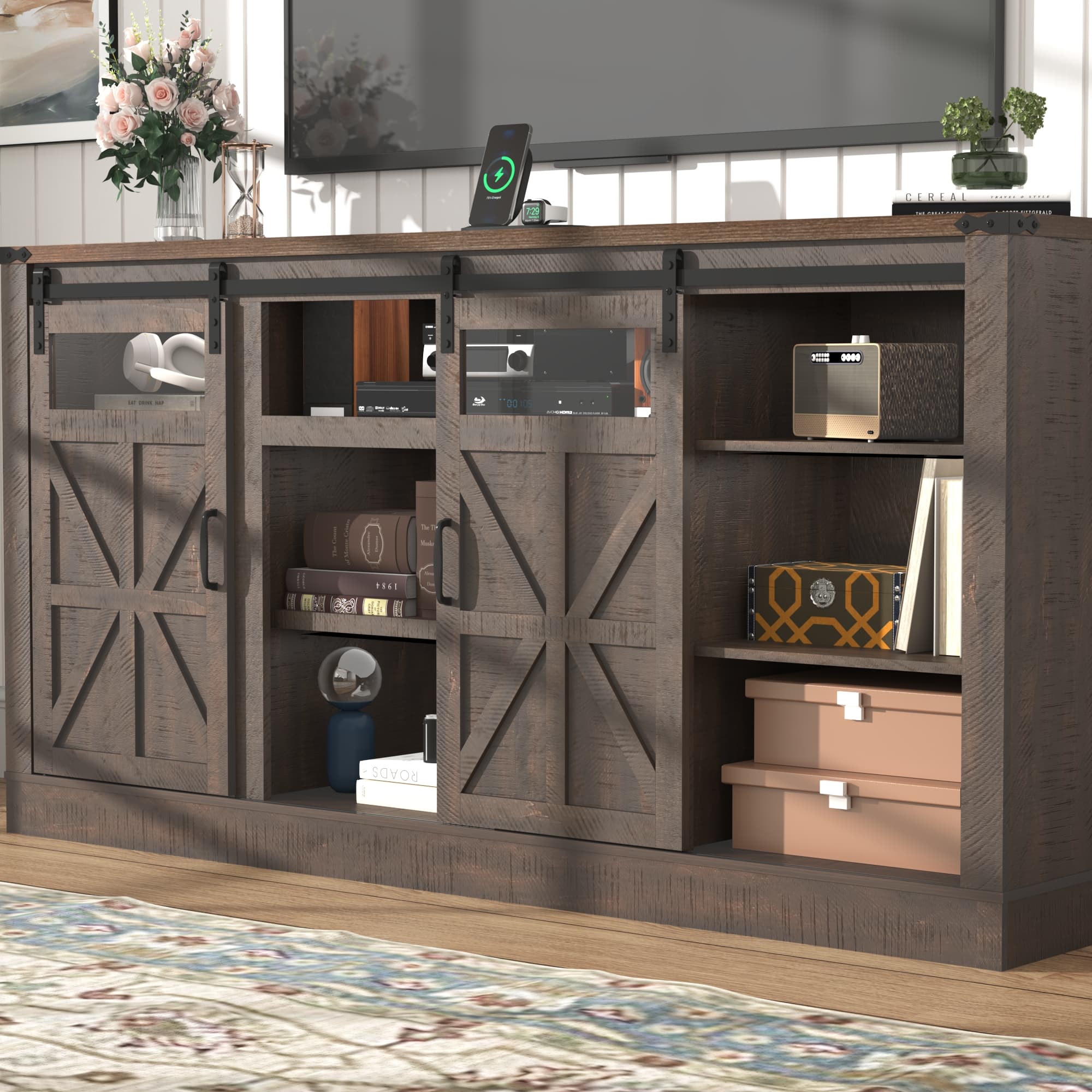 66" Farmhouse TV Stand for 65" 70" 75" TVs with Power Charging Station