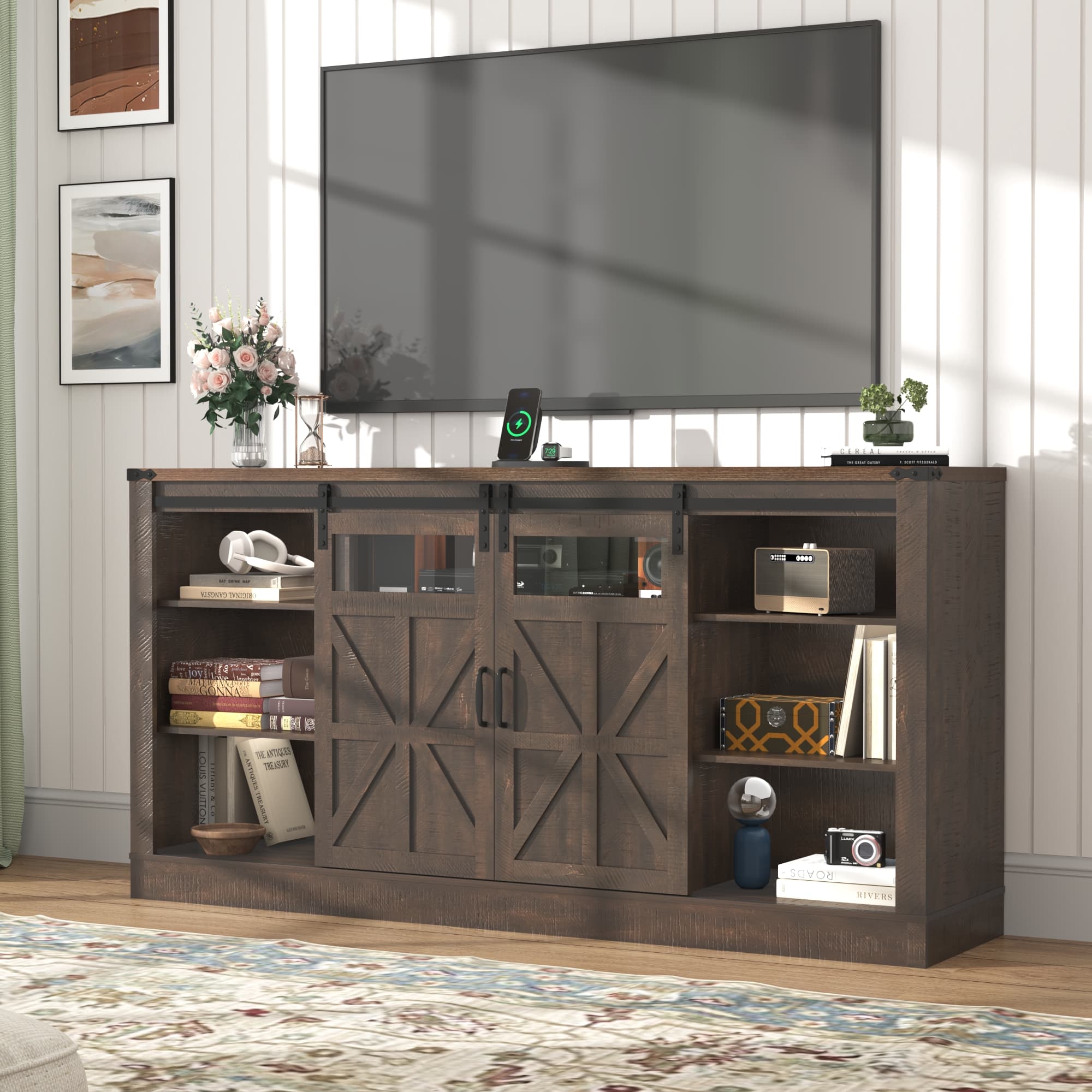 66" Farmhouse TV Stand for 65" 70" 75" TVs with Power Charging Station