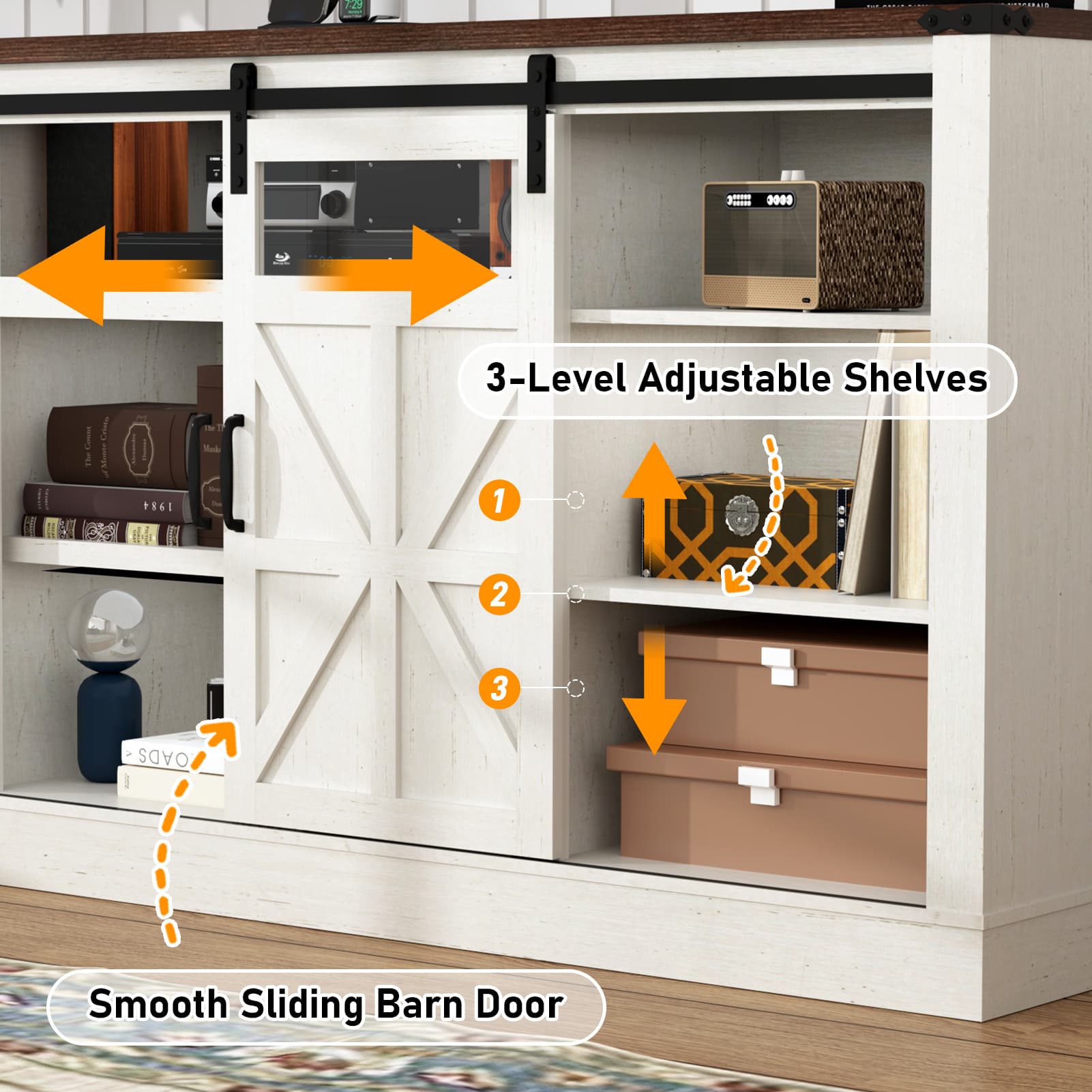 66" Farmhouse TV Stand for 65" 70" 75" TVs with Power Charging Station